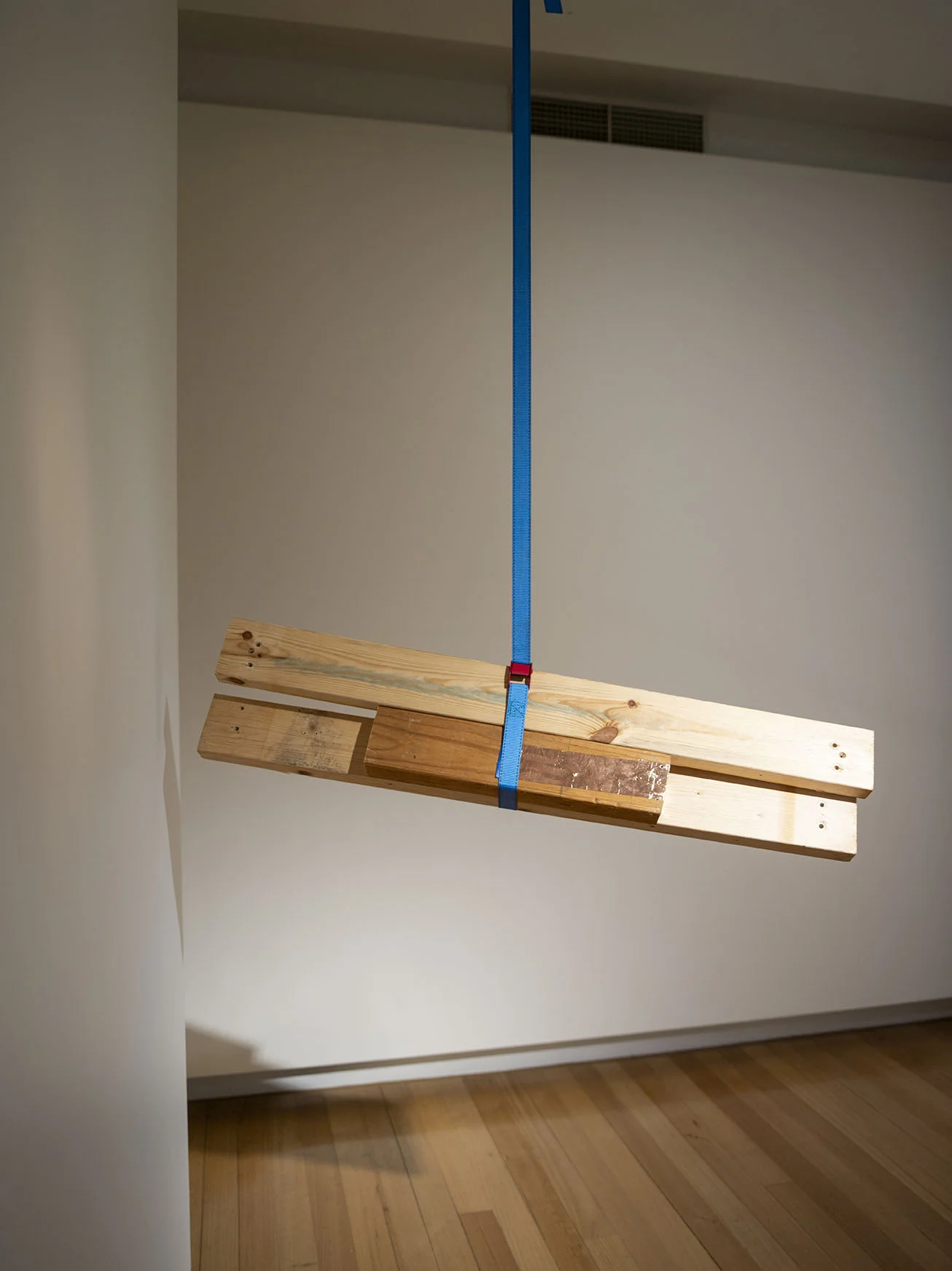  Rebecca Gallo,  Limber  (detail), 2018, mild steel, fishing wire, steel wire, ratchet strap, offcuts from Parramatta Artists Studios residents, 230 x 240 x 240 cm. Installation view, Churchie National Emerging Art Award, QUT Art Museum, Brisbane, 2018. Photo: Carl Warner. 