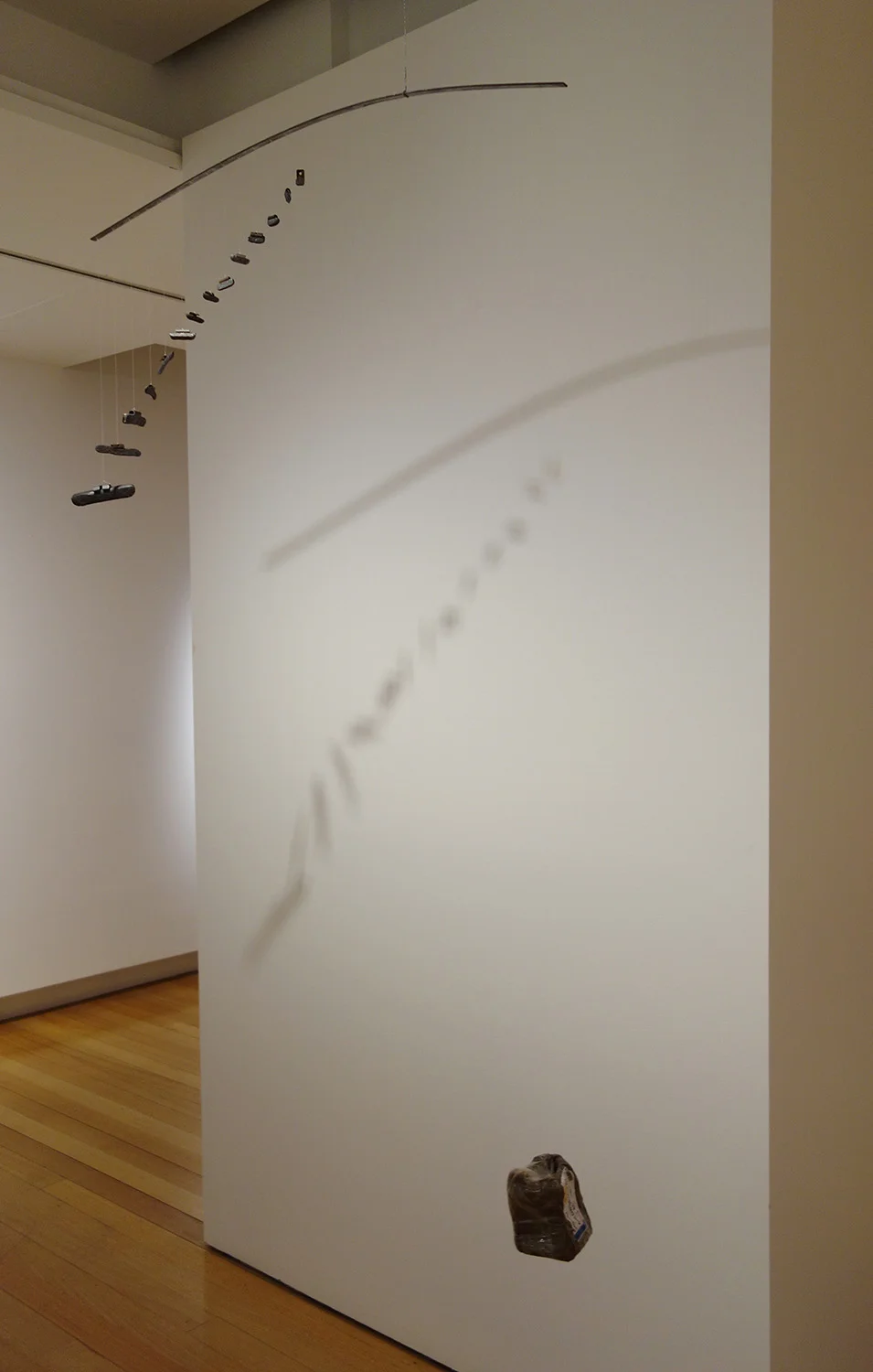  Rebecca Gallo,  Way Down , 2018, mild steel, lead weights, packaged clay, fishing wire, steel wire, 150 x 120 x 20 cm. Installation view, Churchie National Emerging Art Award, QUT Art Museum, Brisbane, 2018. Photo: Rebecca Gallo. 