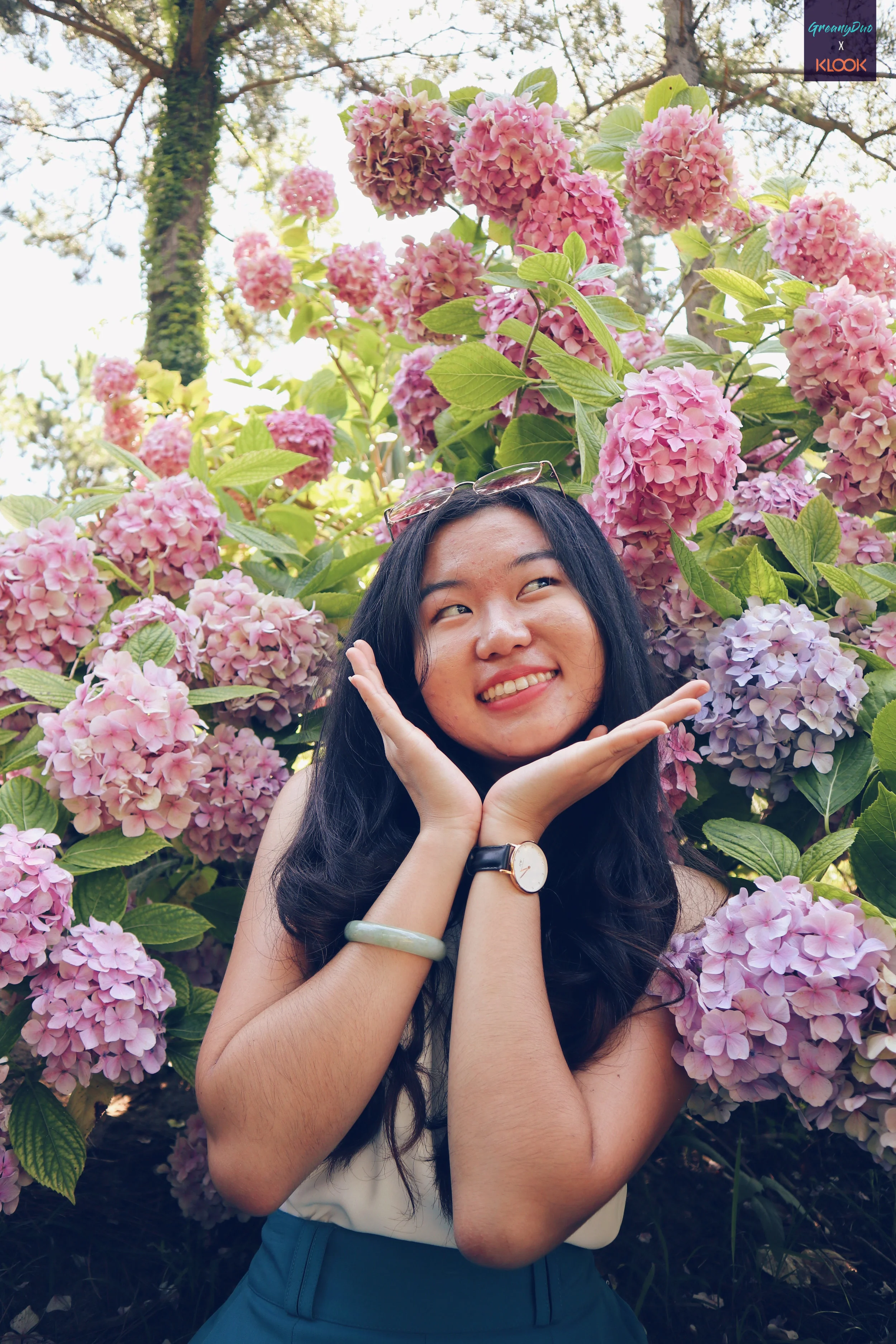 tina posting cute post with hydrangea flower at halliam park, jeju