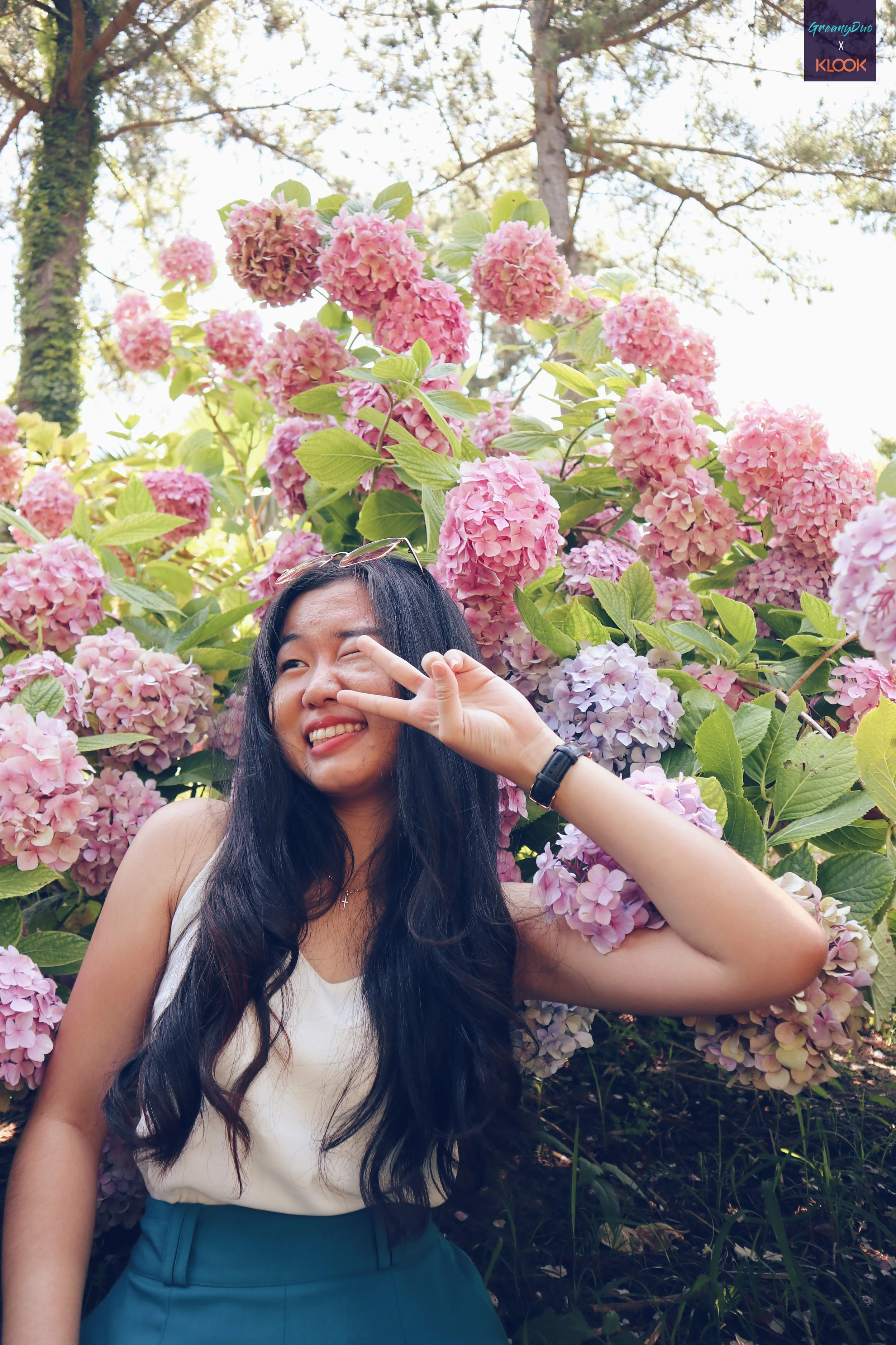 tina posting cute post with hydrangea flower at halliam park, jeju