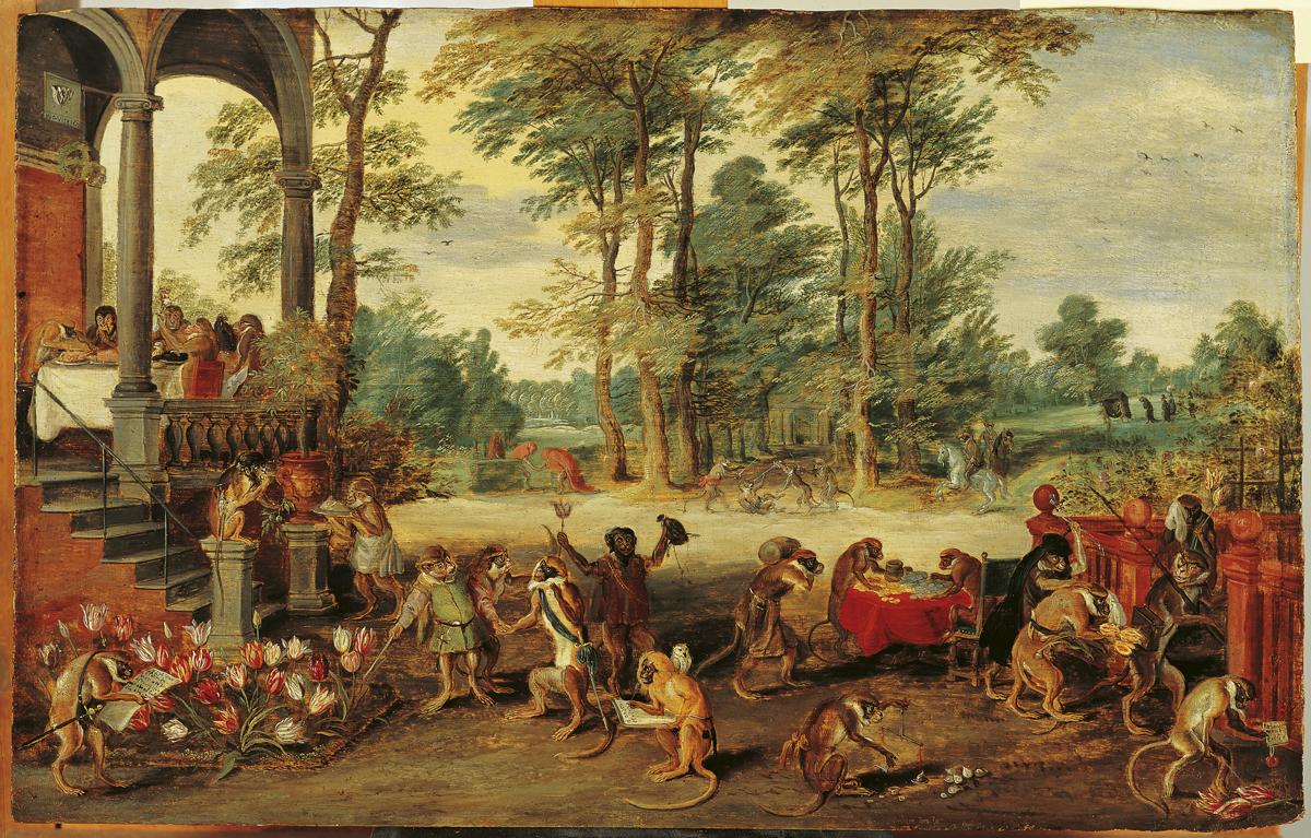 Jan Brueghel nuoremman kuuluisa maalaus noin vuodelta 1640 irvailee hollantilaisten tulppaanimanialle kuvaamalla tulppaanimarkkinat apinoiden kansoittamana.
