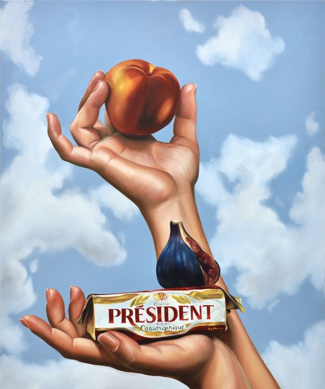 Chloe Wise: Still life with peach, president (2017).