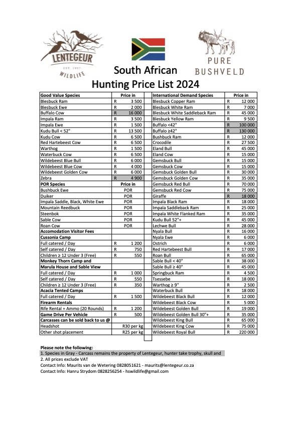 Current Specials for hunting in South Africa — Lentegeur Wildlife