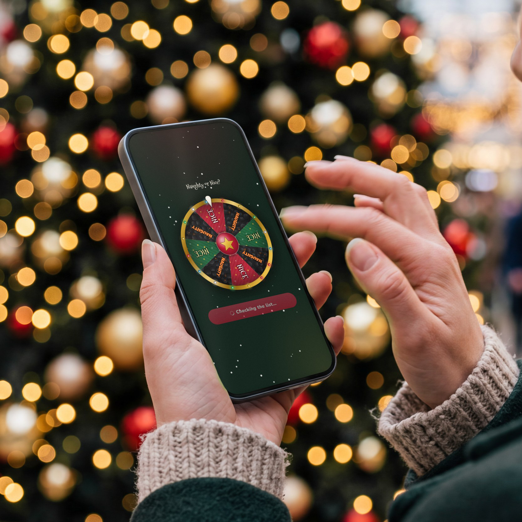 Spin To Win: a hand flicking a phone screen to spin a Naughty or Nice prize wheel, with a Christmas tree full of glowing lights behind.