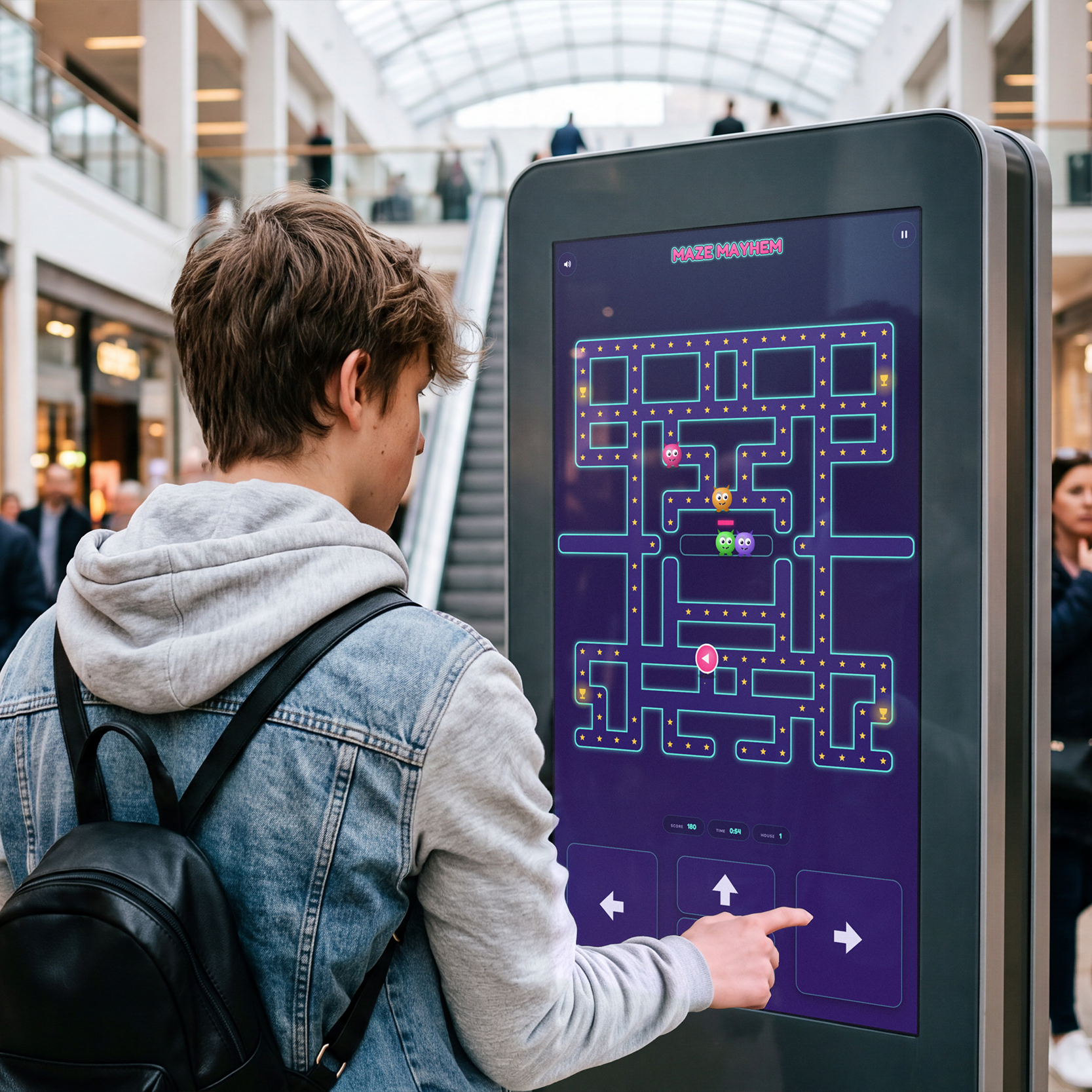 Maze Mayhem branded arcade game on a touchscreen kiosk, with a player pressing the on-screen controls at a UK shopping centre