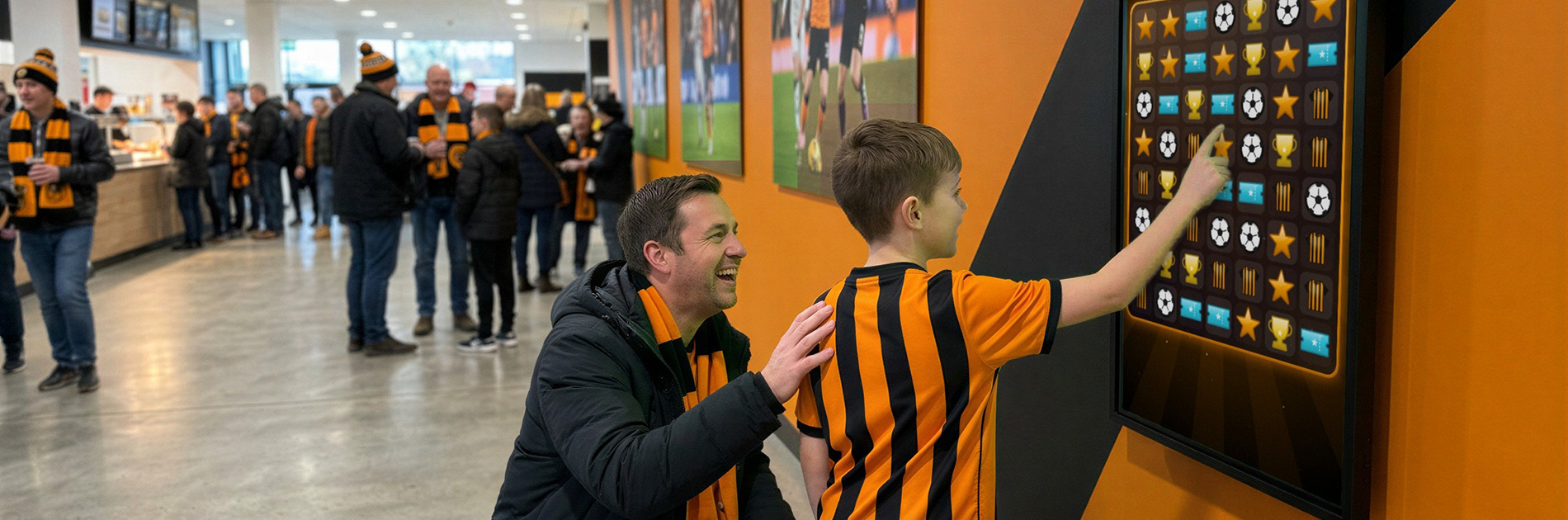 Branded match-3 game for events: a boy plays a football-themed version of Combo Craze on a wall-mounted touchscreen in a stadium fan zone while his dad cheers him on
