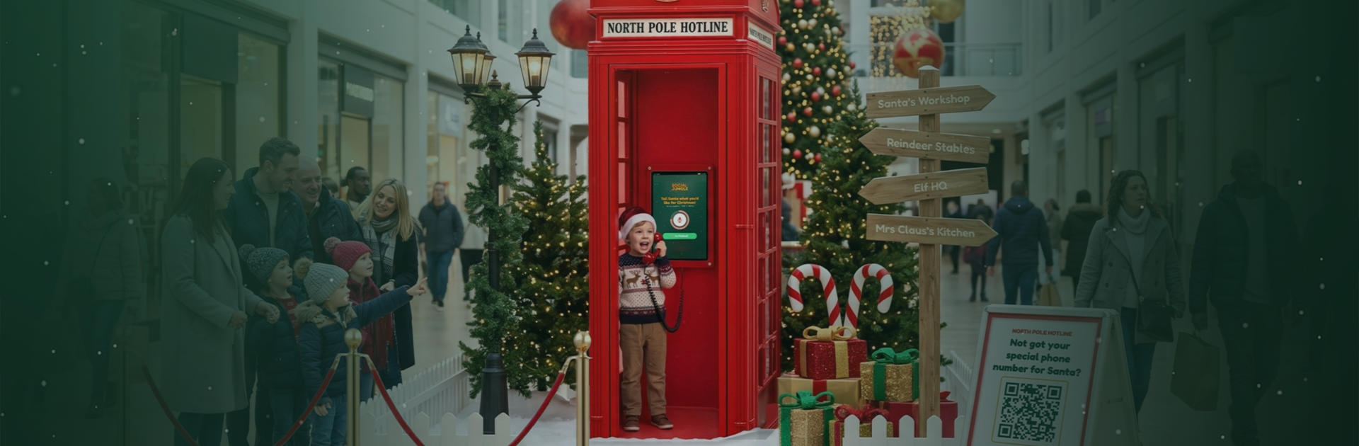 North Pole Hotline Santa experience hire UK, red phone box at a shopping centre Christmas event