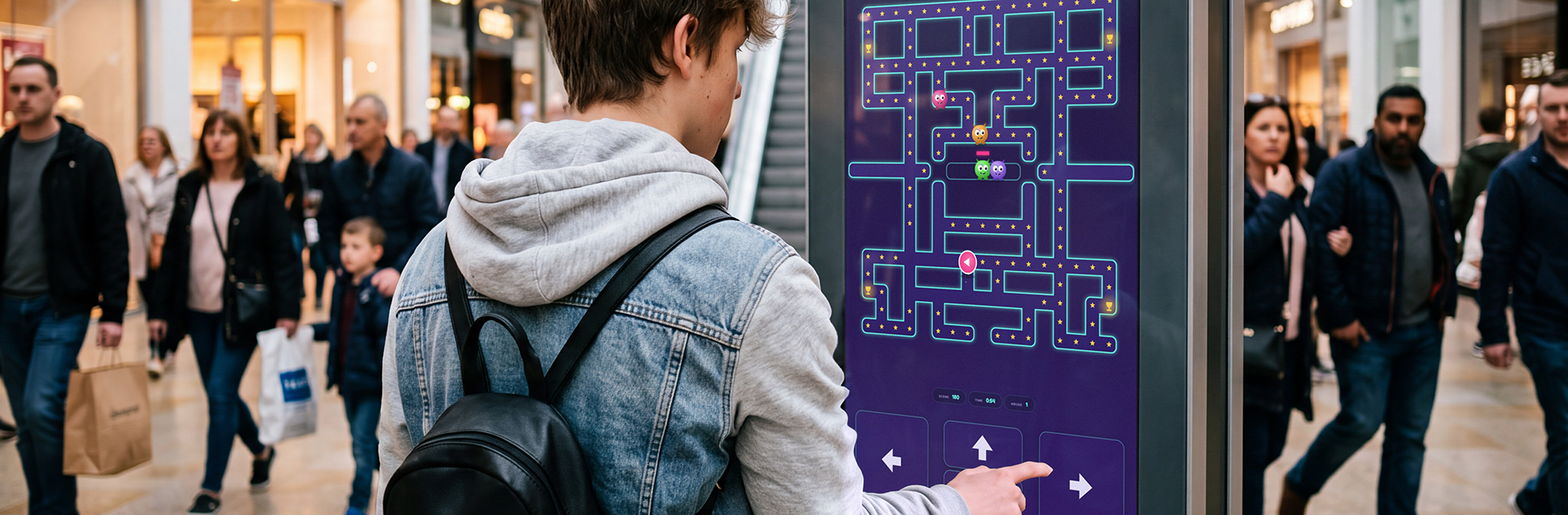 Teenager playing Maze Mayhem on a large touchscreen kiosk in a busy shopping centre, a branded arcade game for hire for events and brand activations