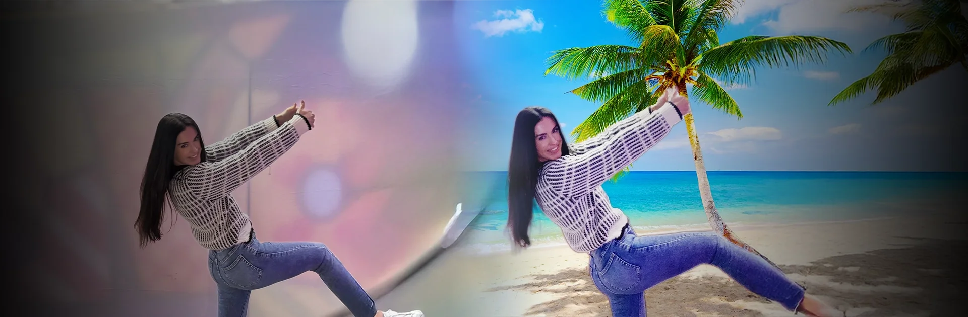 Side-by-side comparison showing a woman posing in front of a colourful studio backdrop on the left, then placed on a tropical beach scene with a palm tree on the right, demonstrating Social Jungle's AI green screen technology.