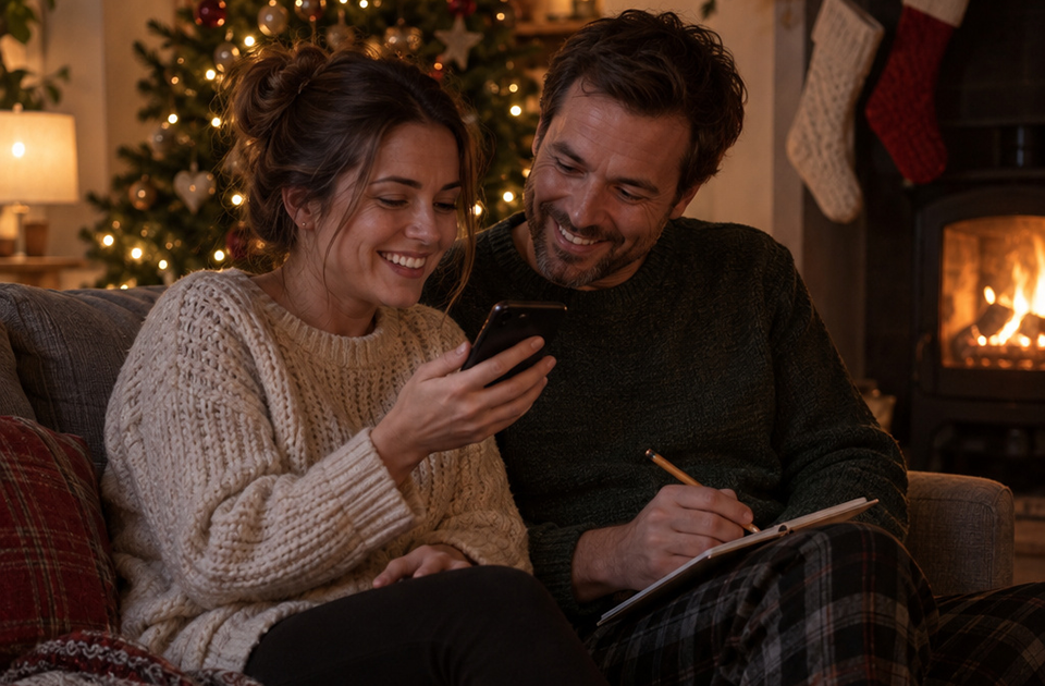 Parents listening to their child’s message from the North Pole Hotline, a Christmas activation hire