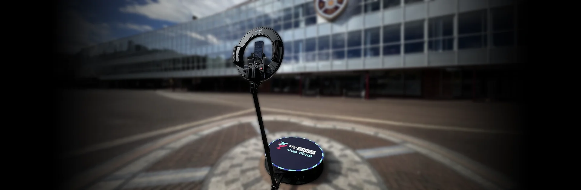 Alt text 360 video booth hire at the Sky Sports Cup Final — branded platform outside Tynecastle Stadium, Social Jungle activation