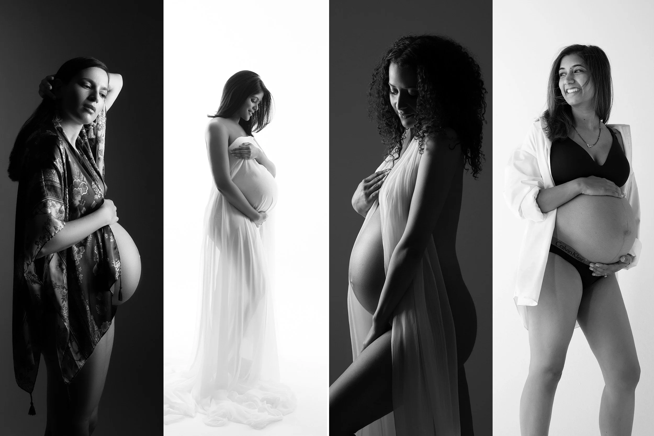 Black and white maternity portraits photographed by Nemi Miller in her London studio.