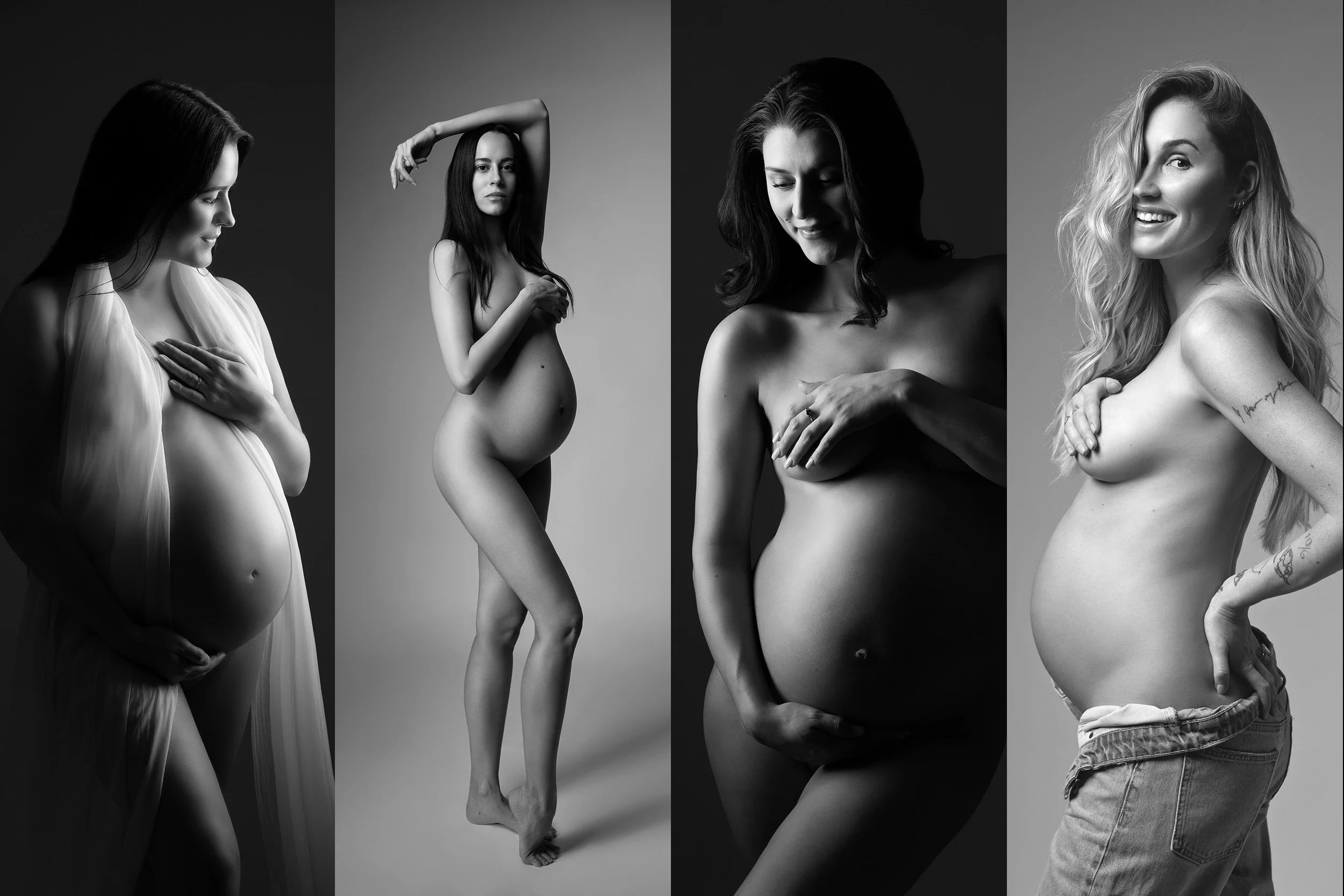 Four black-and-white maternity portraits of women posing against a plain background, including pregnant women holding their belly, smiling and looking toward the camera.