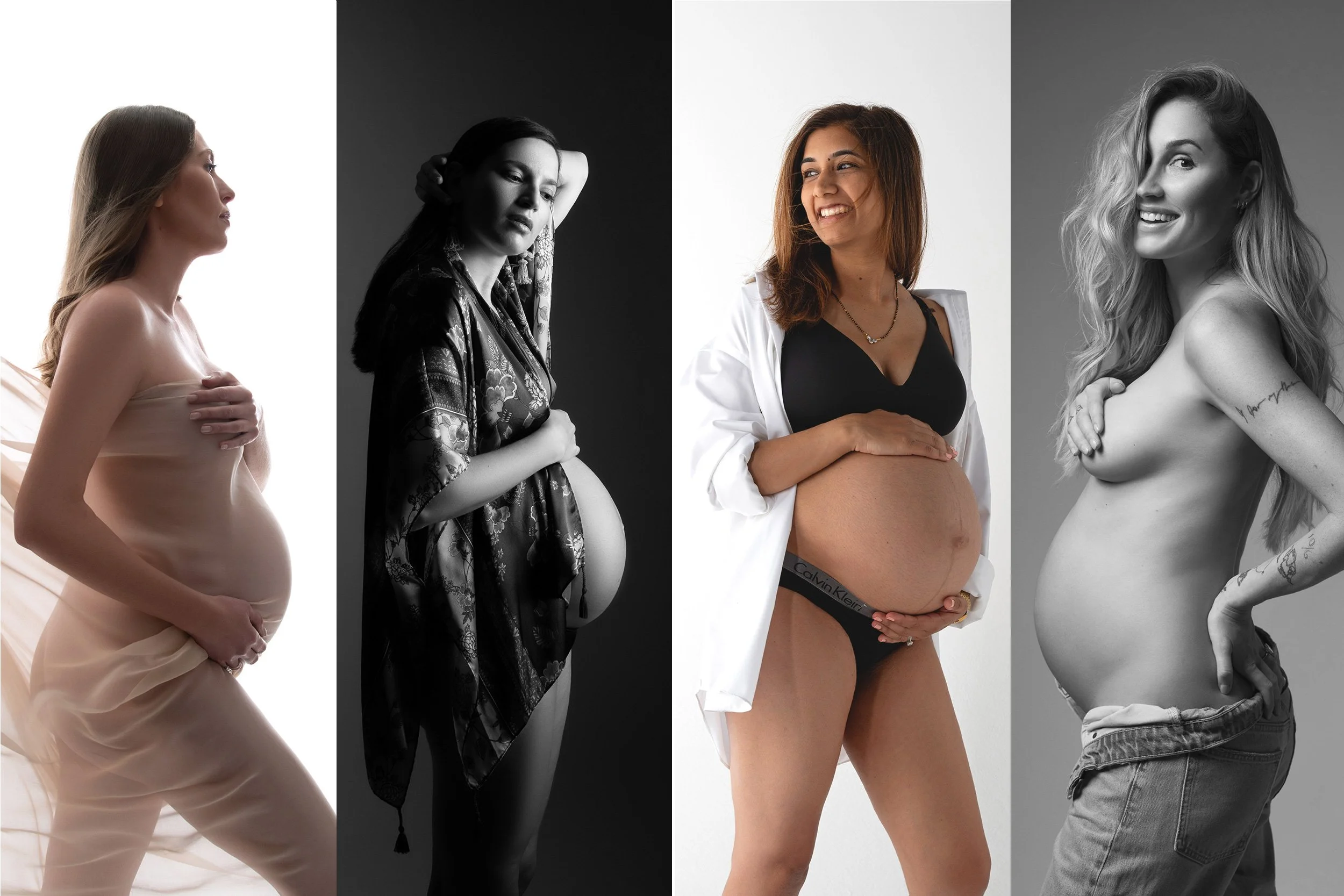 Four-panel maternity photography collage of pregnant women in elegant colour and black-and-white studio portraits in London.