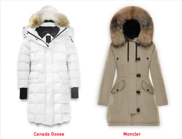 A side-by-side fit comparison. There are puffier models of Moncler as well, but in our opinion they look overstuffed and a bit exaggerated.