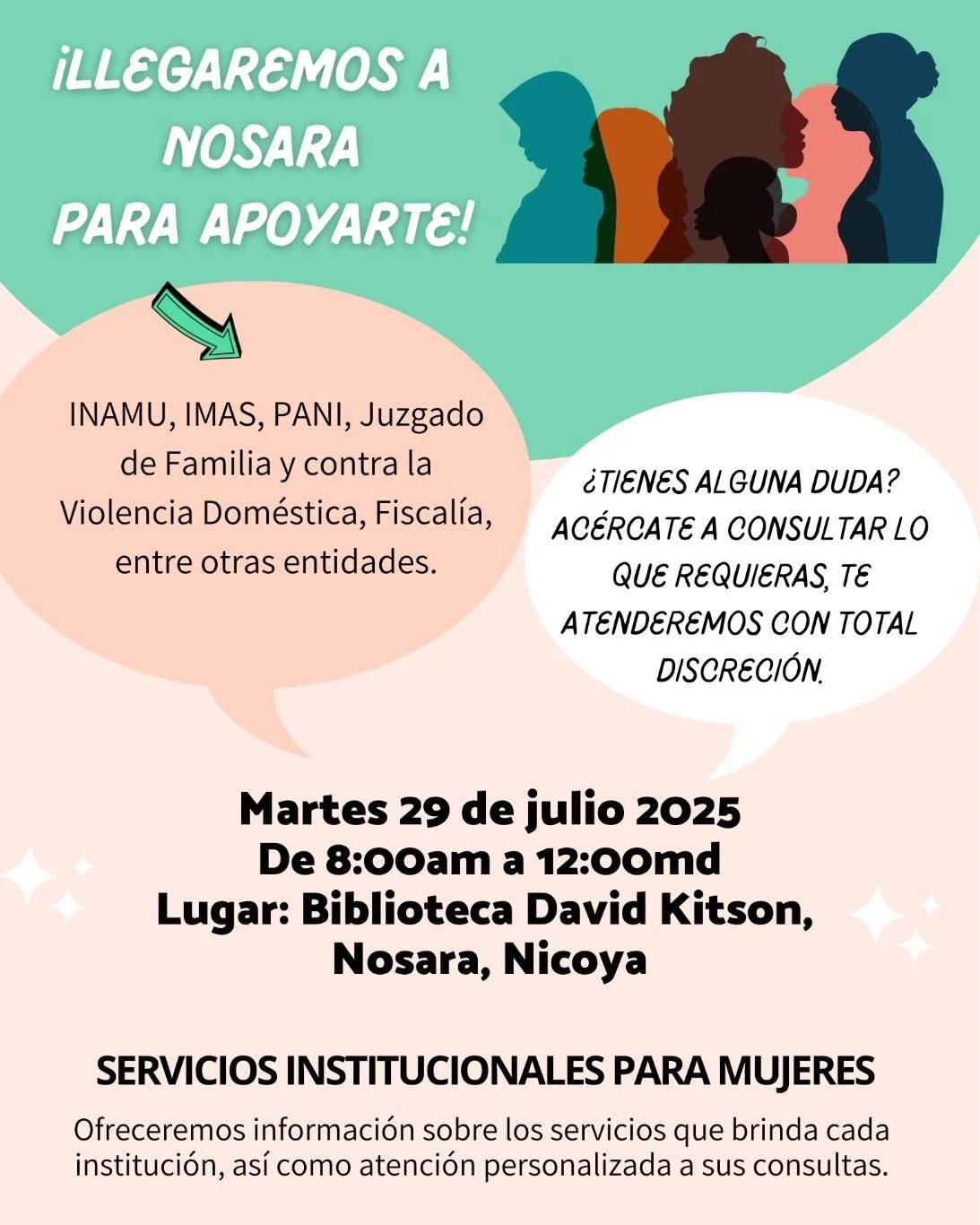 📍 Ma&ntilde;ana en la Biblioteca David Kitson &ndash; 8am a 12pm

INAMU, IMAS, PANI, Juzgado de Familia y Contra la Violencia Dom&eacute;stica, Fiscal&iacute;a y otras instituciones estar&aacute;n presentes para brindar informaci&oacute;n y responde