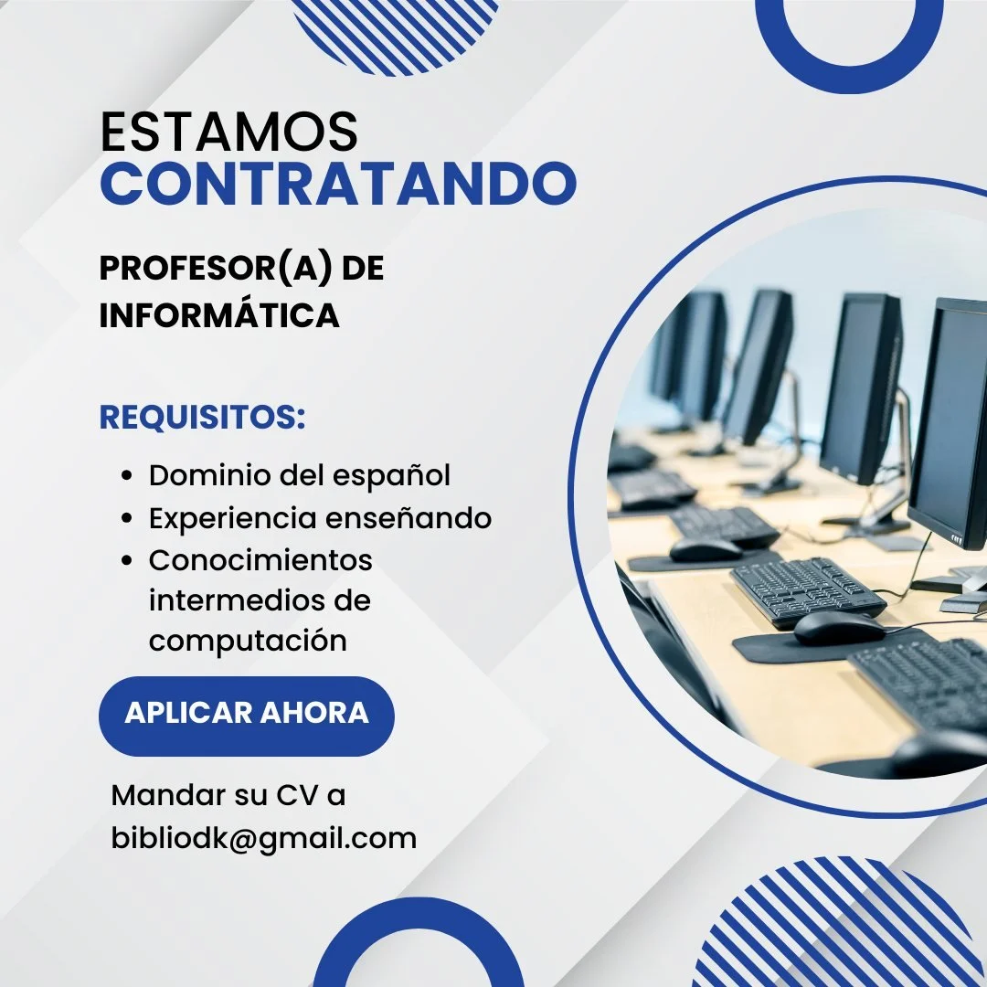 📣 &iexcl;Estamos contratando!

La Biblioteca David Kitson est&aacute; buscando un/a profesor(a) de computaci&oacute;n para impartir clases en nuestra comunidad.

Si te apasiona ense&ntilde;ar y tienes experiencia en tecnolog&iacute;a, &iexcl;nos enc