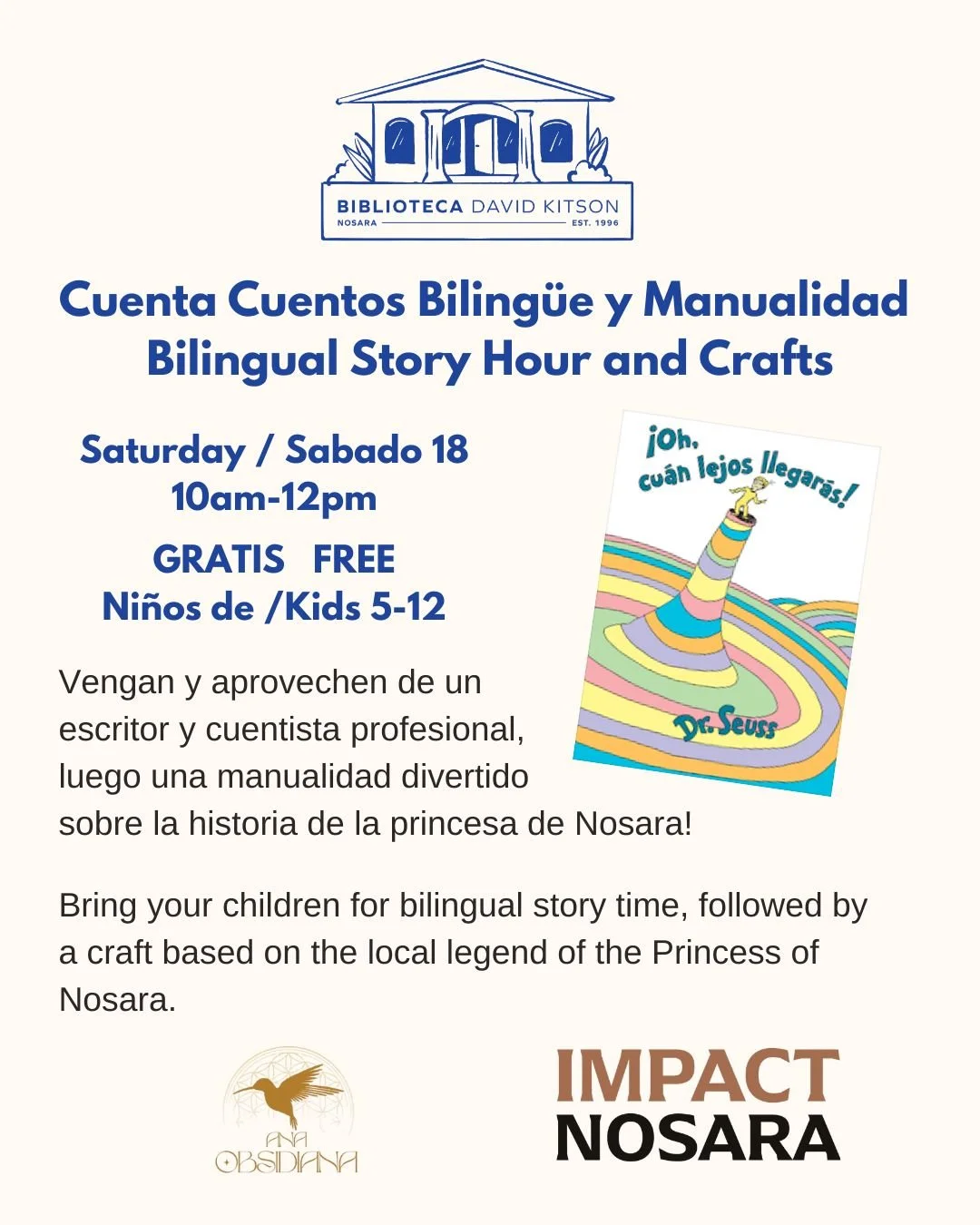 📚 Saturday Storytime &amp; Crafts

Join us this Saturday from 10:00&ndash;12:00 at the library for a relaxed morning of stories and hands-on fun.

Ages 5&ndash;12
Bilingual (English &amp; Spanish)

This week we&rsquo;ll read together and make a craf