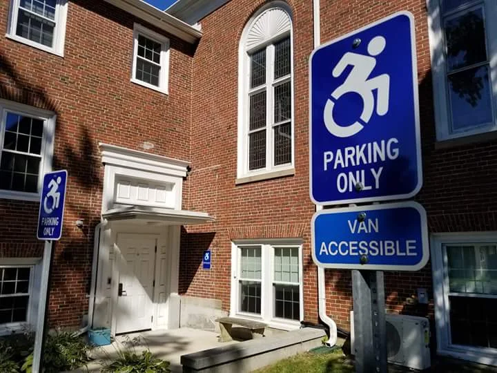 The “Accessible to All” entrance via the Abbey Road side of the building, complete with designated parking spots