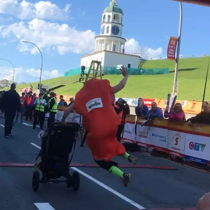 Crunchy crossing the finish line with a feisty heel kick!