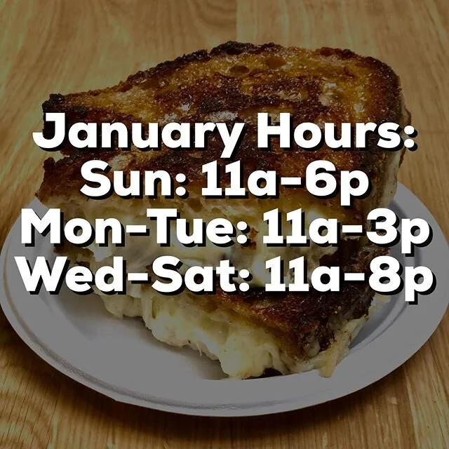 Hey everyone, we are changing our hours in January: Sunday 11-6, Mon-Tue 11-3, and Wed-Sat 11-8. Stay tuned for some fun new specials we&rsquo;ll be running!