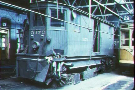 Public Service Sweeper 5173 as seen in much better shape. This photo is believed to be in the Montclair Car Barn, now demolished. We are still attempting to clarify the photographer and date.