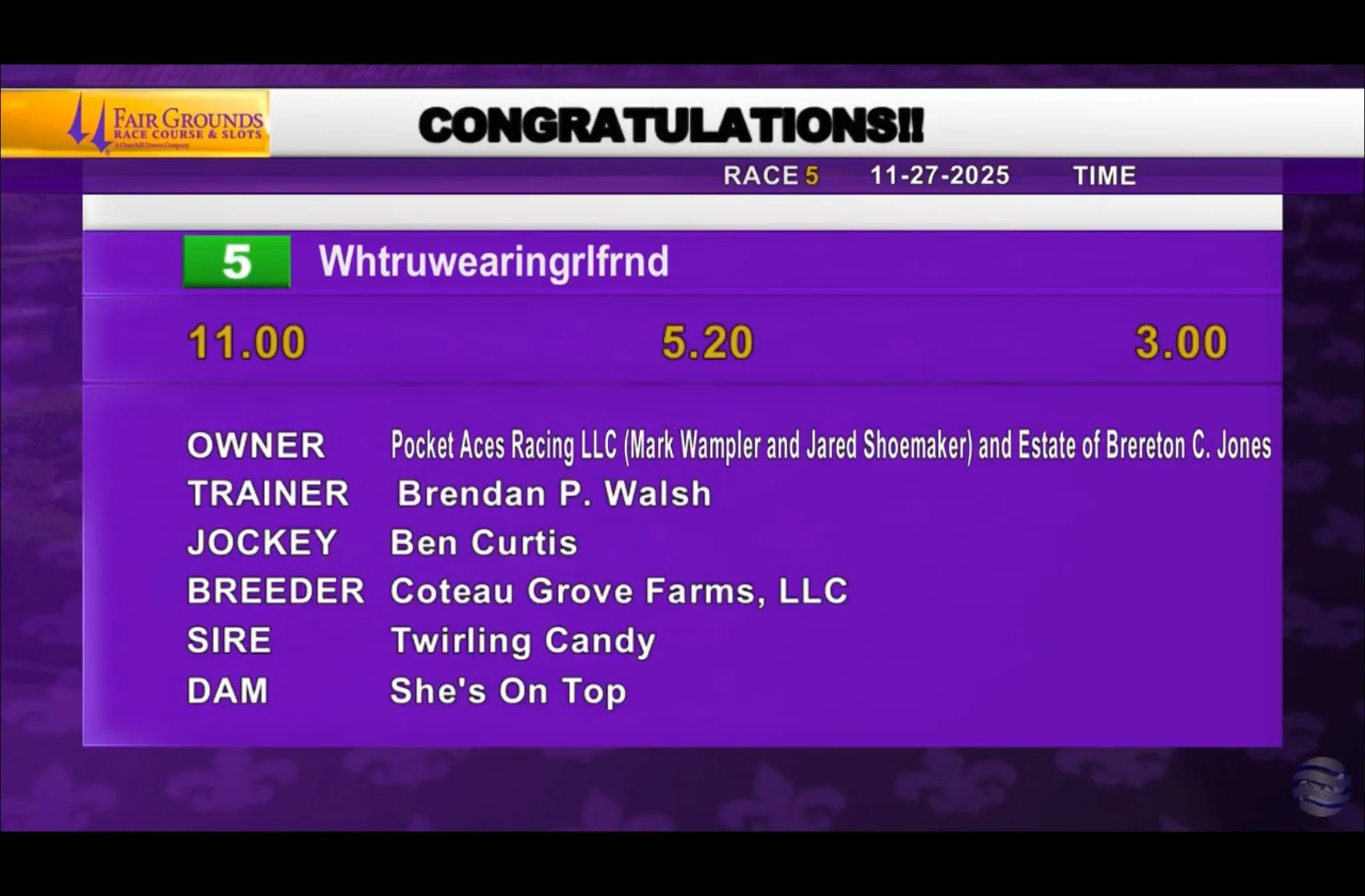 Another Coteau Grove Farms bred winner today! We are so thankful.

Whtruwearingrlfrnd (LA)
TB, B, F, foaled April 4, 2023
( Twirling Candy - She's On Top, by Will Take Charge )

Connections as of Current Entry:
Jockey: Ben Curtis
Trainer: Brendan P. 