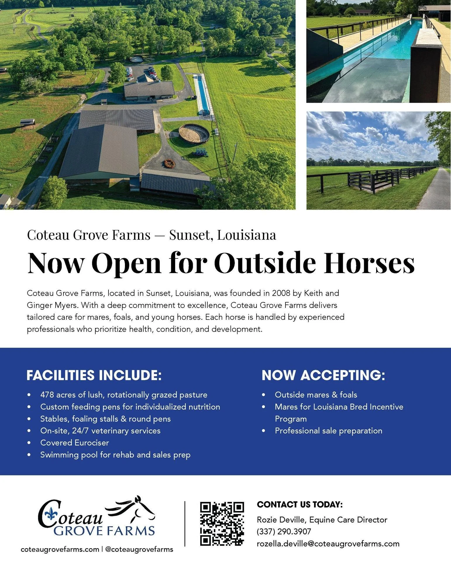 Looking for a farm that truly cares for your horse like their own? 🏡🐴

Coteau Grove Farms in Sunset, LA now has boarding available for outside horses! Our three barns with 50 stalls, secure pastures, customized nutrition plans, and round-the-clock 