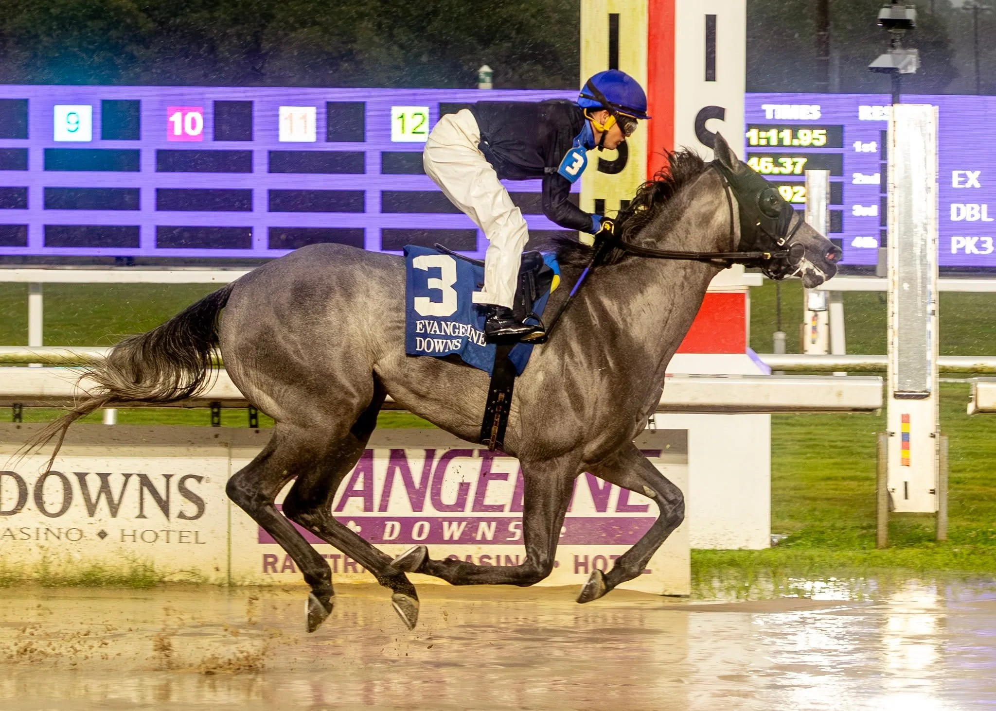 Midnight Passion grabbed the lead leaving the backstretch and powered away under jockey Colby Hernandez to take the $75,000 Cajun Miss.  The race for 3-year-olds traversed the distance of seven furlongs.
 
Midnight Passion and Whisper Me a Smile were