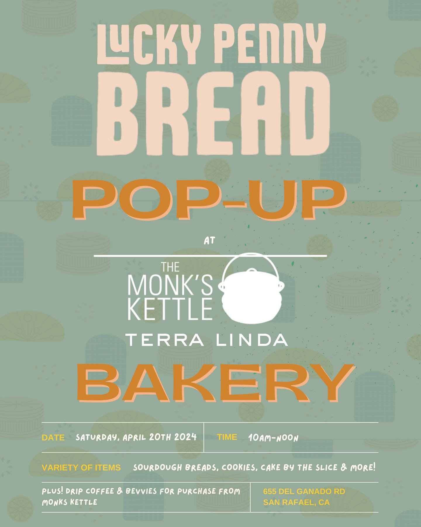 Join us for a pop up @monkskettle_tl this Saturday April 20th from 10am-Noon (or sold out)

Lots of goodies planned (new cake slice!!) and Monks will have drip coffee and other beverages for purchase and limited seating on site 🤩🤩

See you then!?