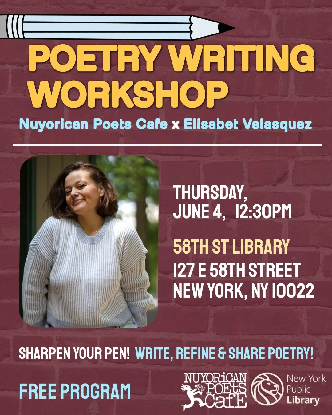 We heard you wanted more workshops, so we are delivering! 

Join us next week for two FREE workshops in collaboration with @NYPL Thursday, June 4, catch us in Midtown Manhattan at the 58th Street Library facilitated by Elisabet Velasquez @elisabetvel