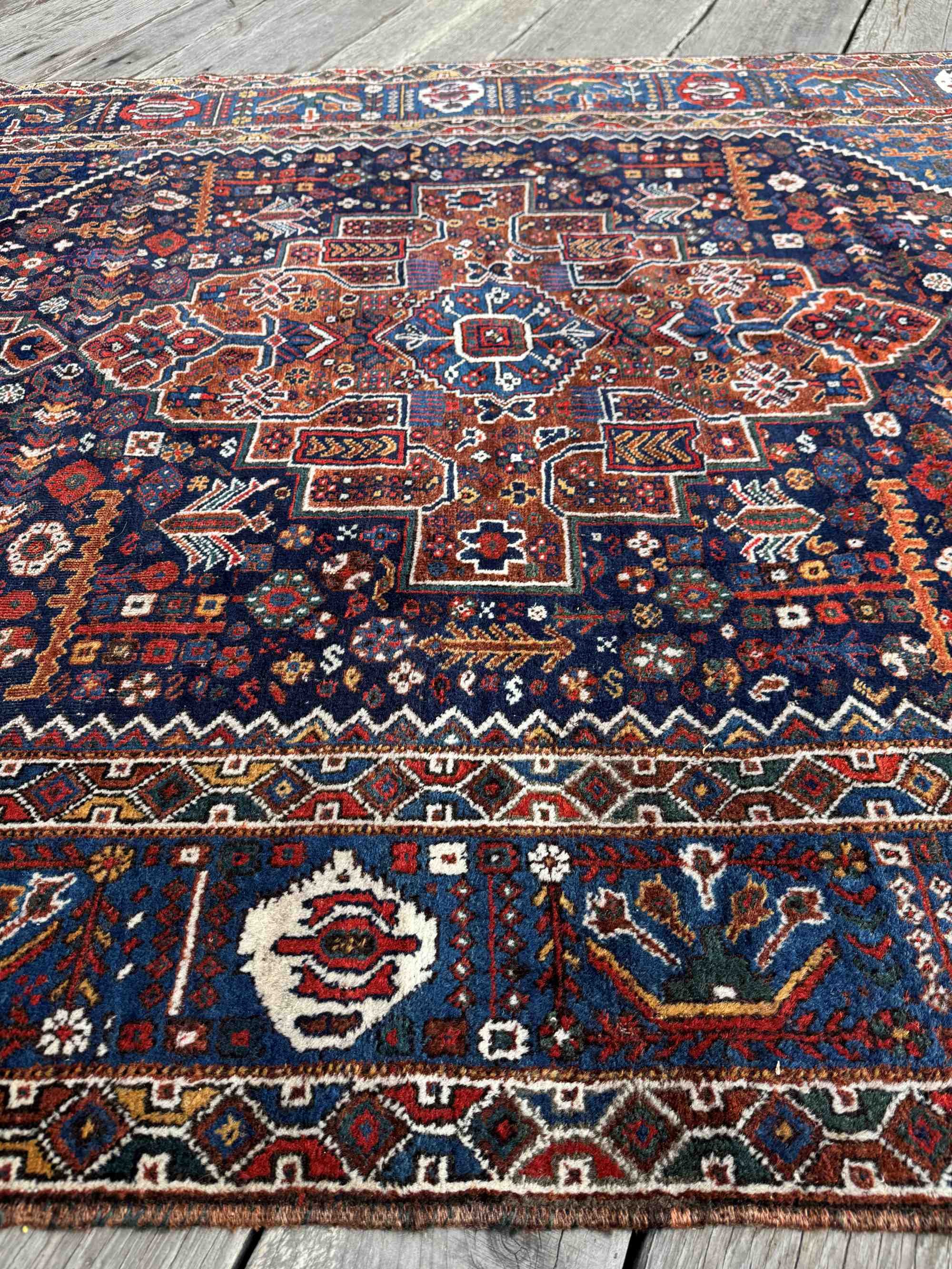 antique tribal Khamseh shiraz rugs