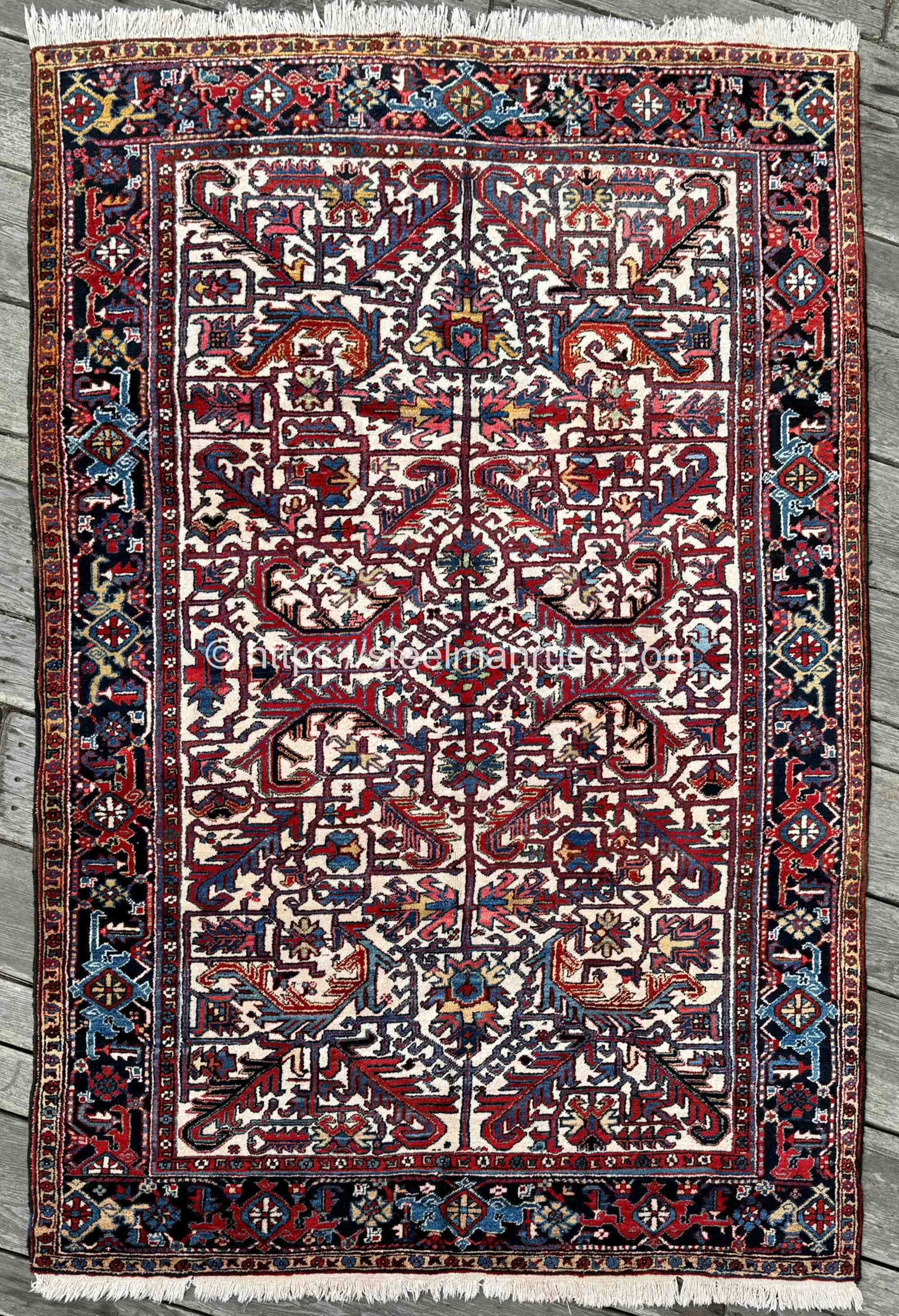 Vintage Persian Heriz Rug 6'5"x9'6" Cream Crimson Denim Blue Navy Botanicals