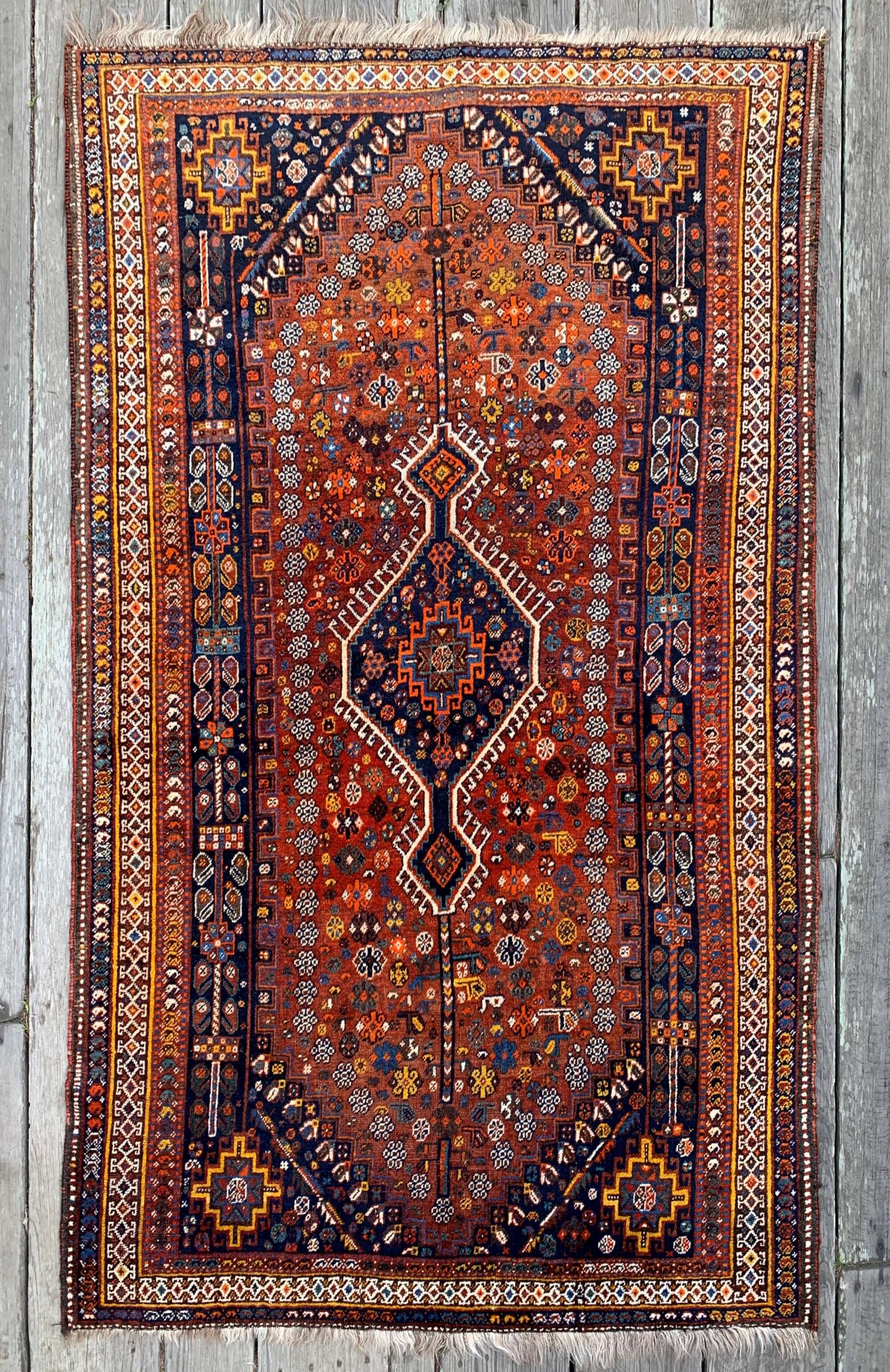 Semi Antique Persian Shiraz Rug 5'5"x9' Rust and Navy Blue Tribal Gem