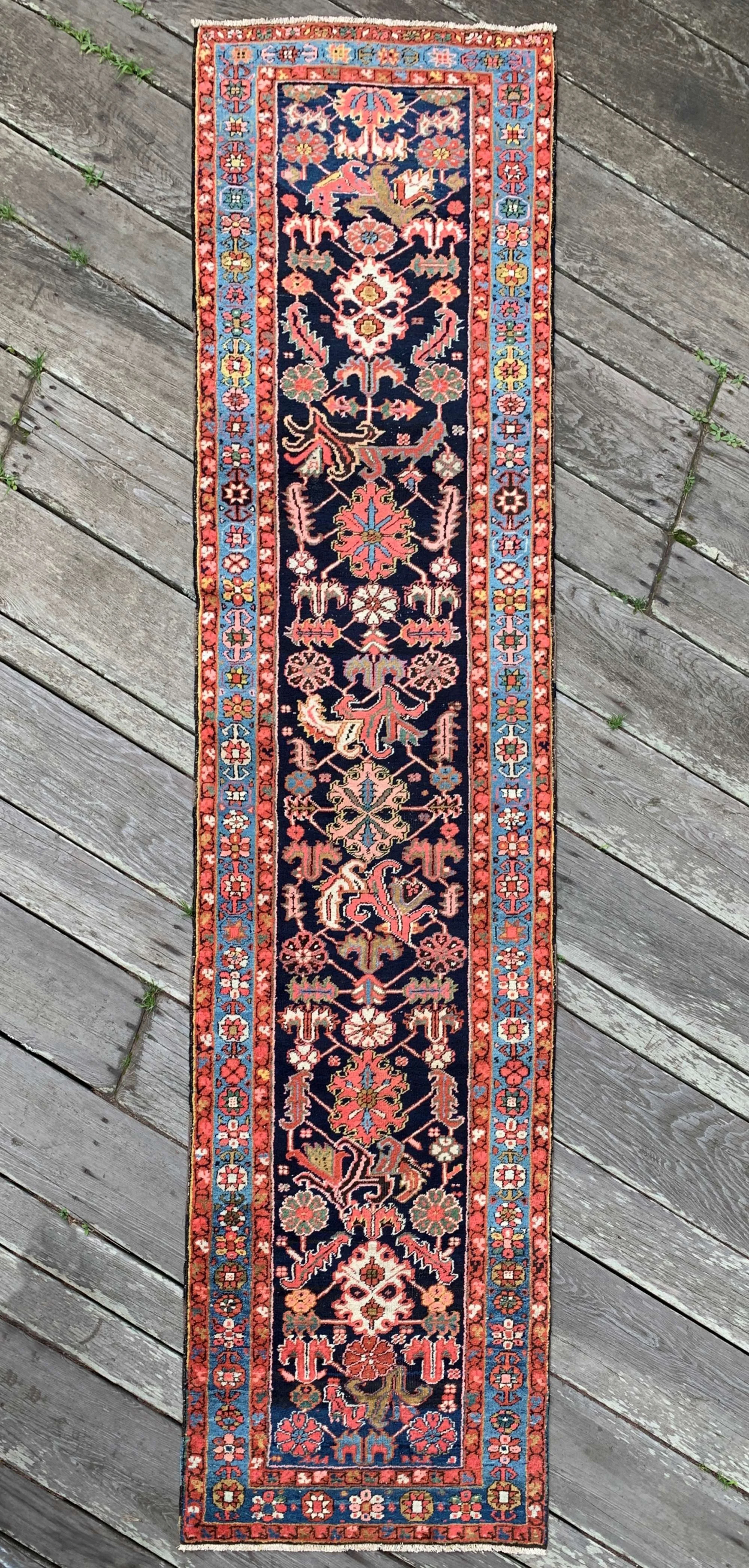 Antique Persian Heriz Runner Rug 3'2"x12'10" Navy Blue Sky Blue Coral Green Gold