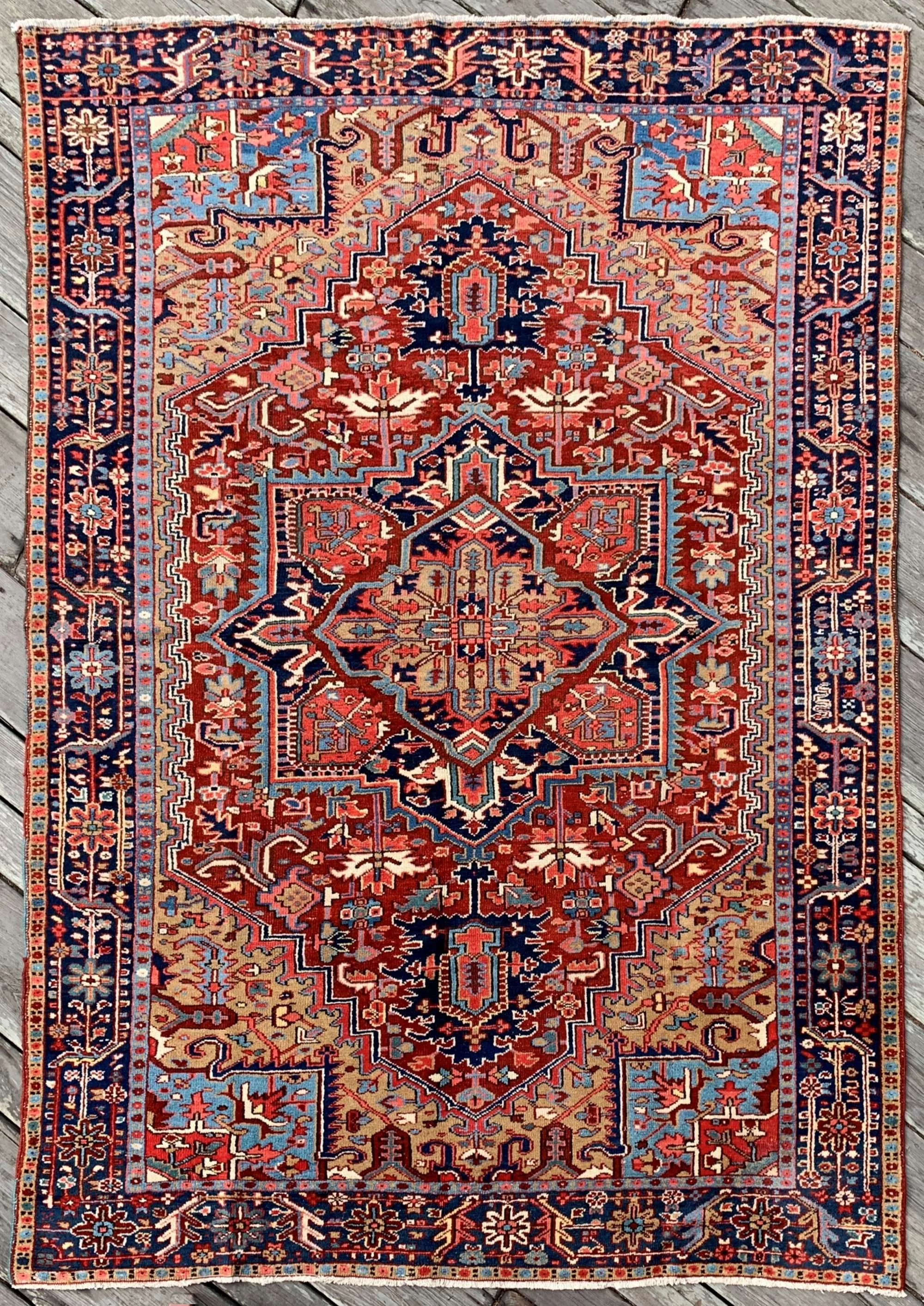 Antique Persian Heriz Rug 7'3"x10'0" Sky Blue Oxblood Tan
