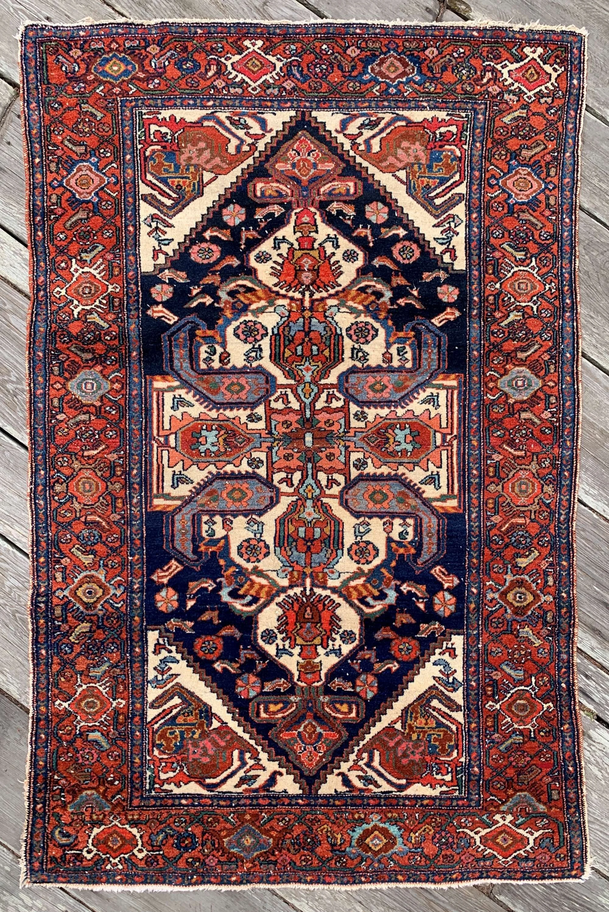 Antique Persian Village Rug 4'7"x6'10" Navy Blue Cream Burnt Orange