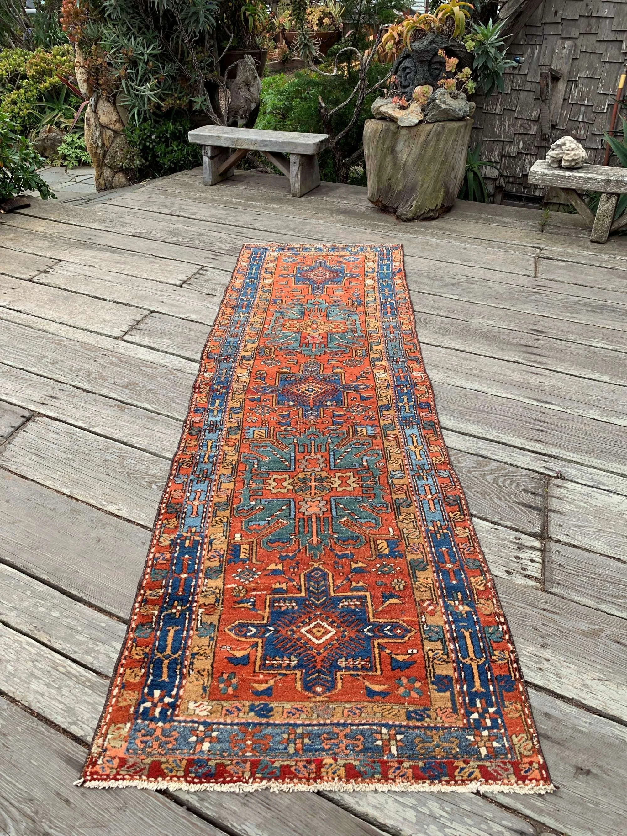 Antique Persian Runner 3'3"x10'5" Burnt Orange Sea Green Cobalt Blue