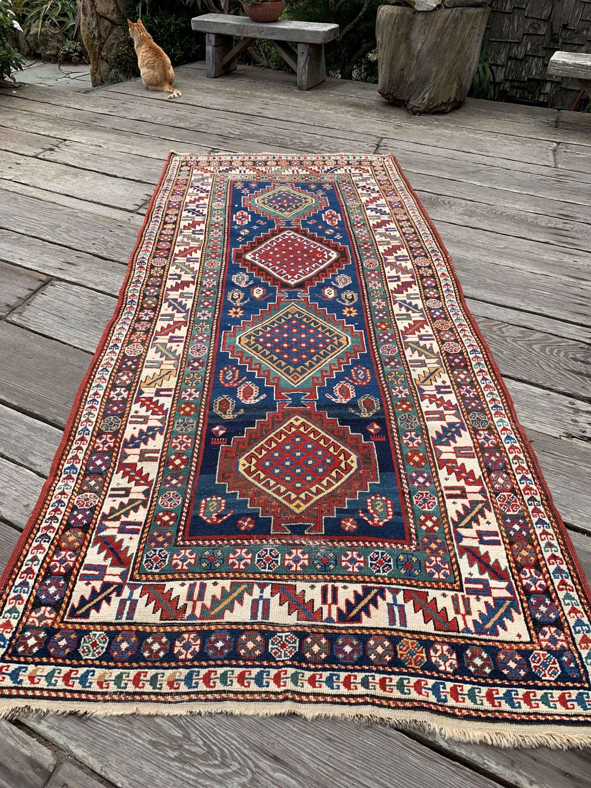 Antique Caucasian Runner Rug 4’0"x9'7" Superb Colors!