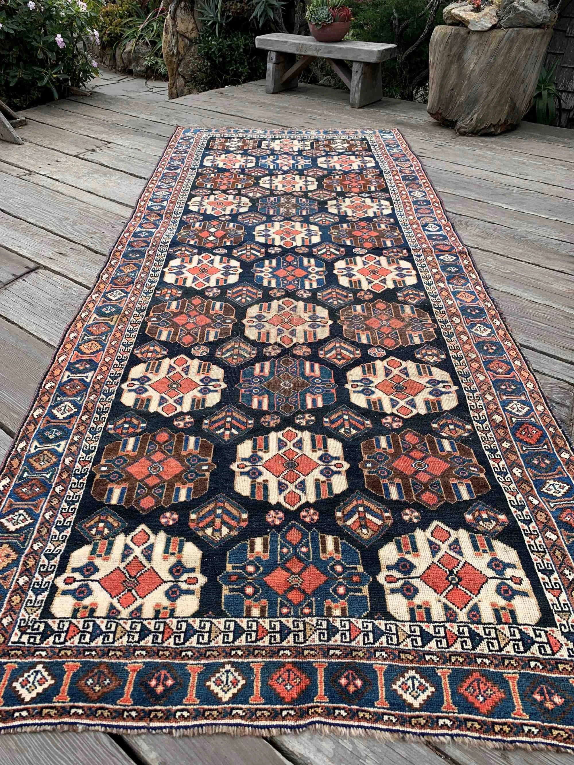 Vintage Persian Rug 4’8"x11'10" Navy Blue Cream Wide Runner