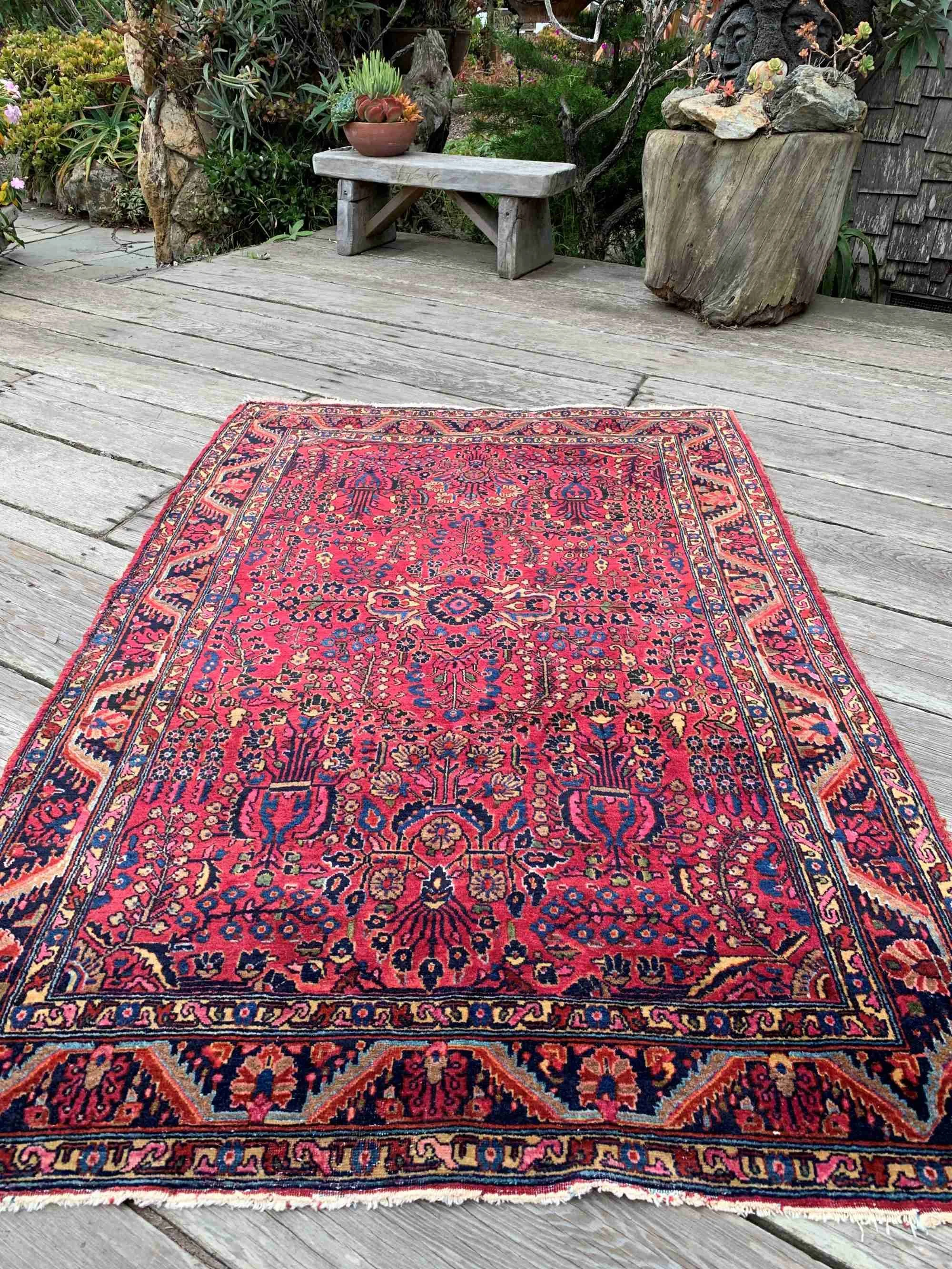 Steelman Rugs — Antique Persian Sarouk Rug 4'5"x6'10" Fuchsia Pink Jewel