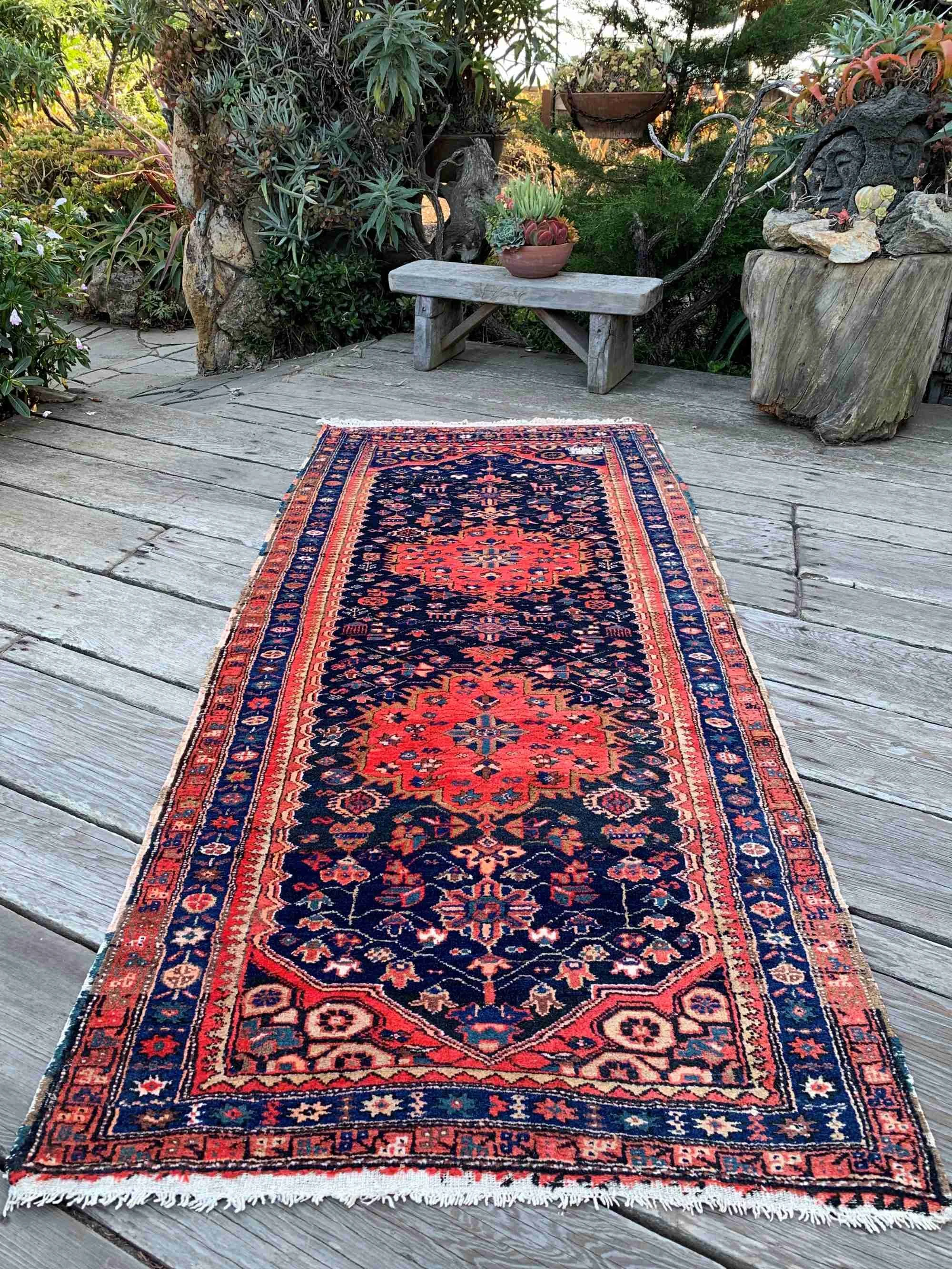 Vintage Persian Runner Rug 4’0”x8’10” Indigo and Coral Tribal