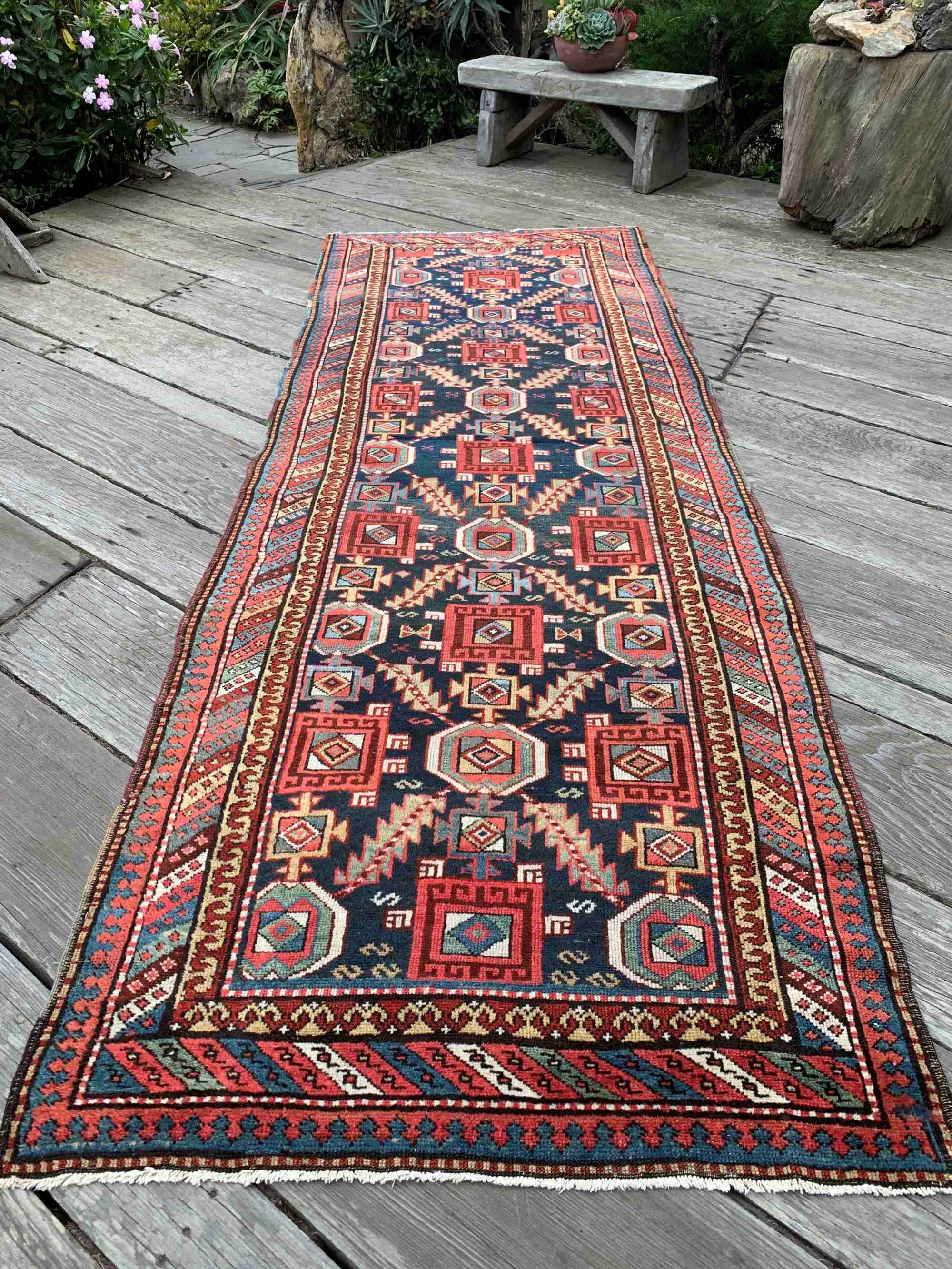Antique Persian Karadagh Runner Rug 3’8”x10’7” Navy Blue Slate Coral Jade
