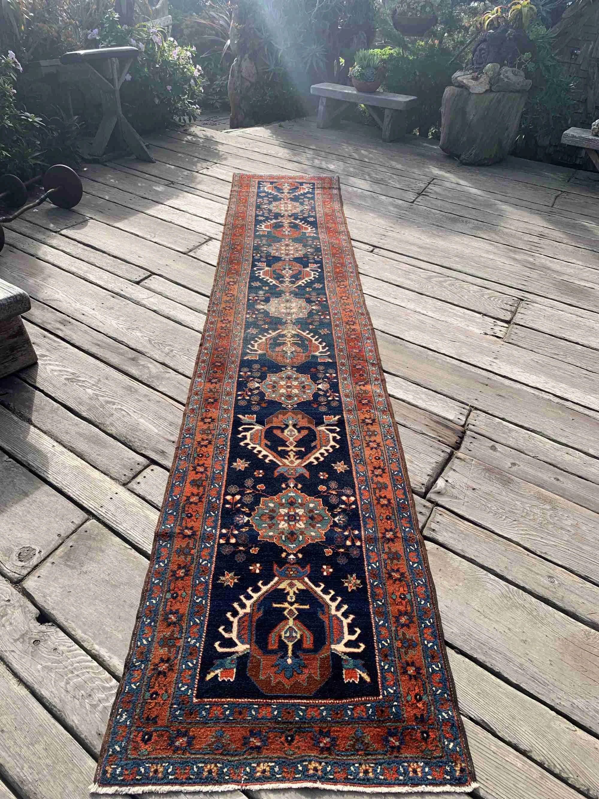Antique Persian Runner Rug 2’9”x14’8” Navy Blue Jade Green Rust