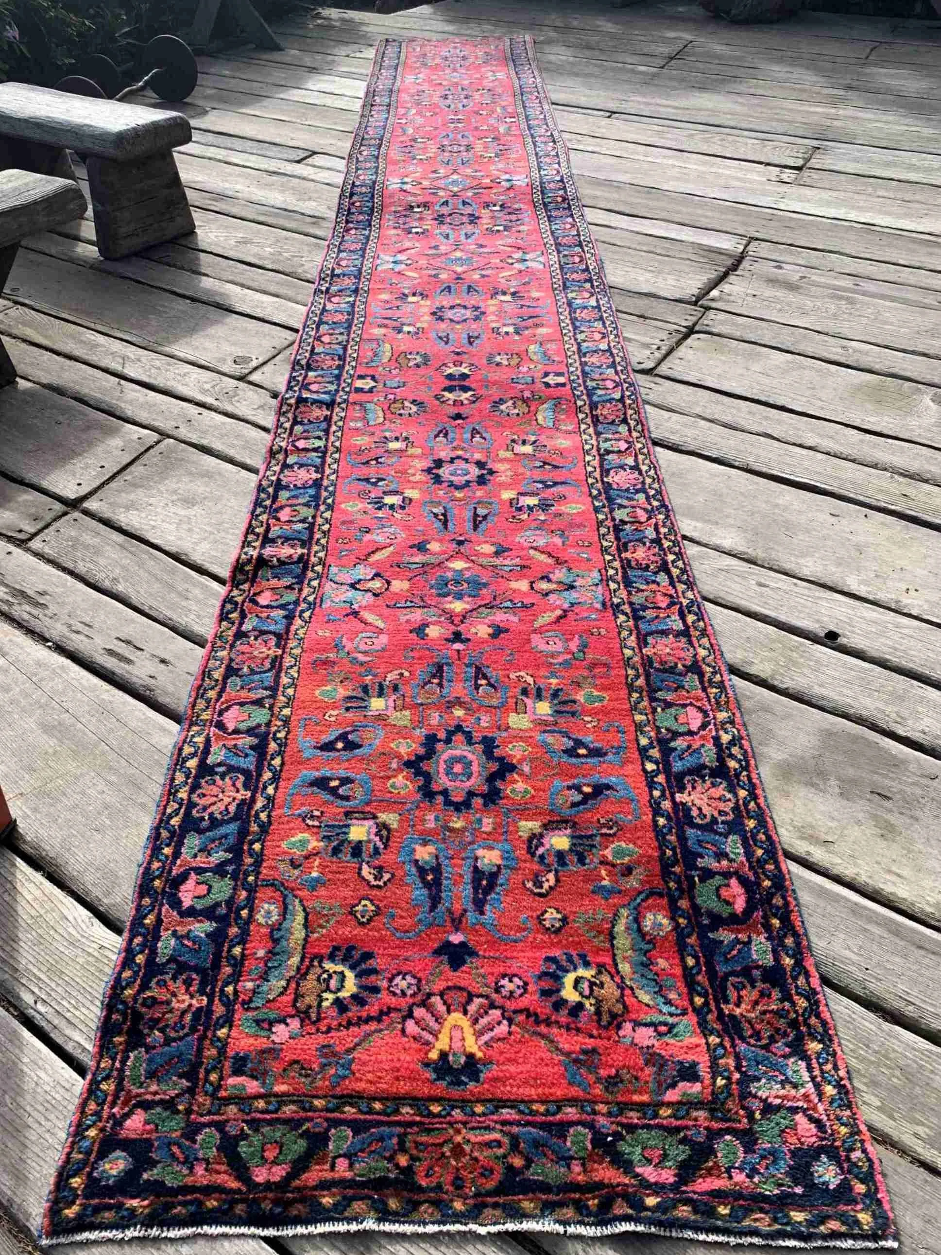 Antique Persian Runner Rug 2’11”x20’7” Rose Pink Navy Blue Jade Green