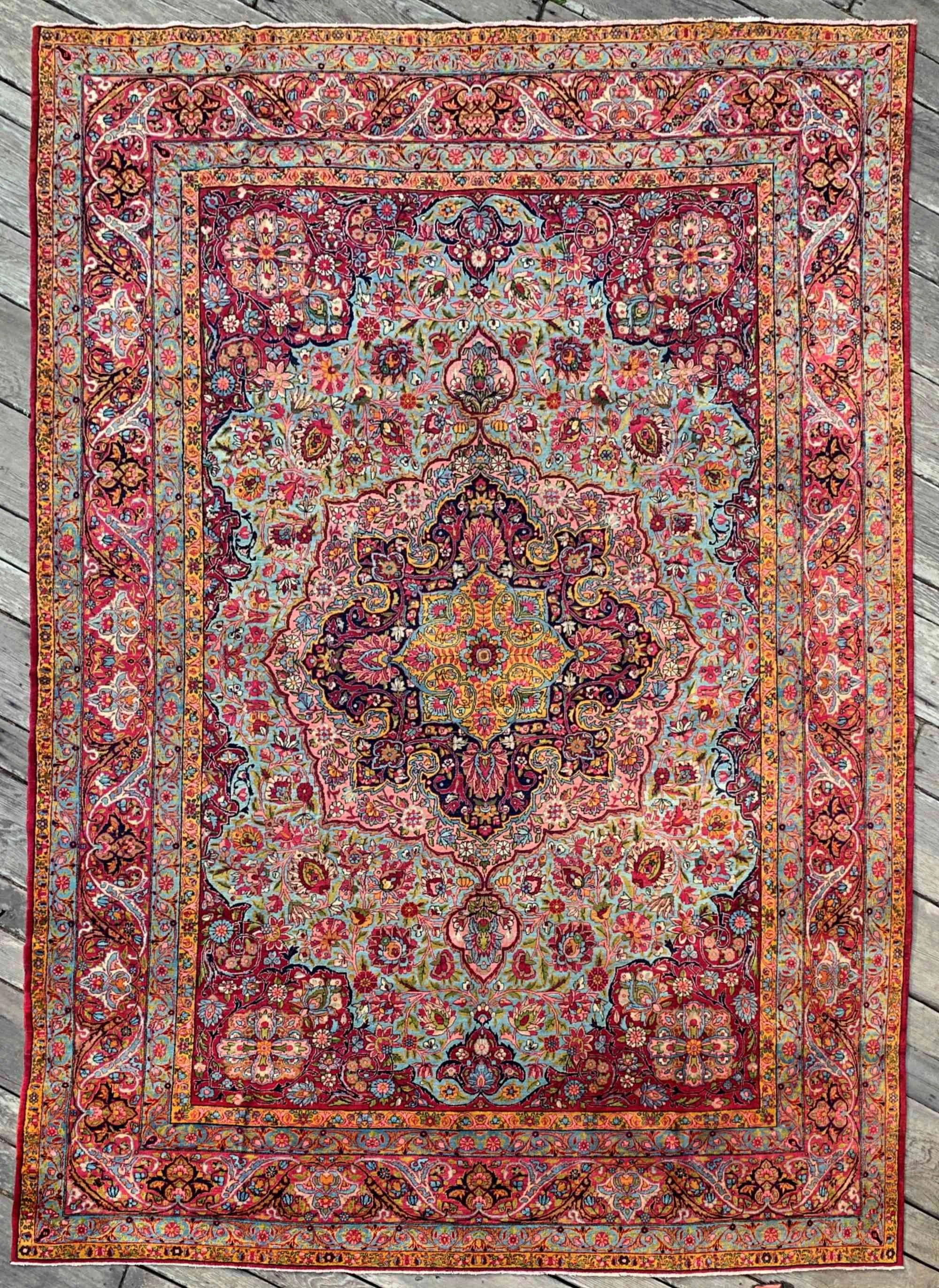 Antique Persian Kerman Rug 9'4"x13'4'' Robin Egg Blue Cranberry Green Yellow
