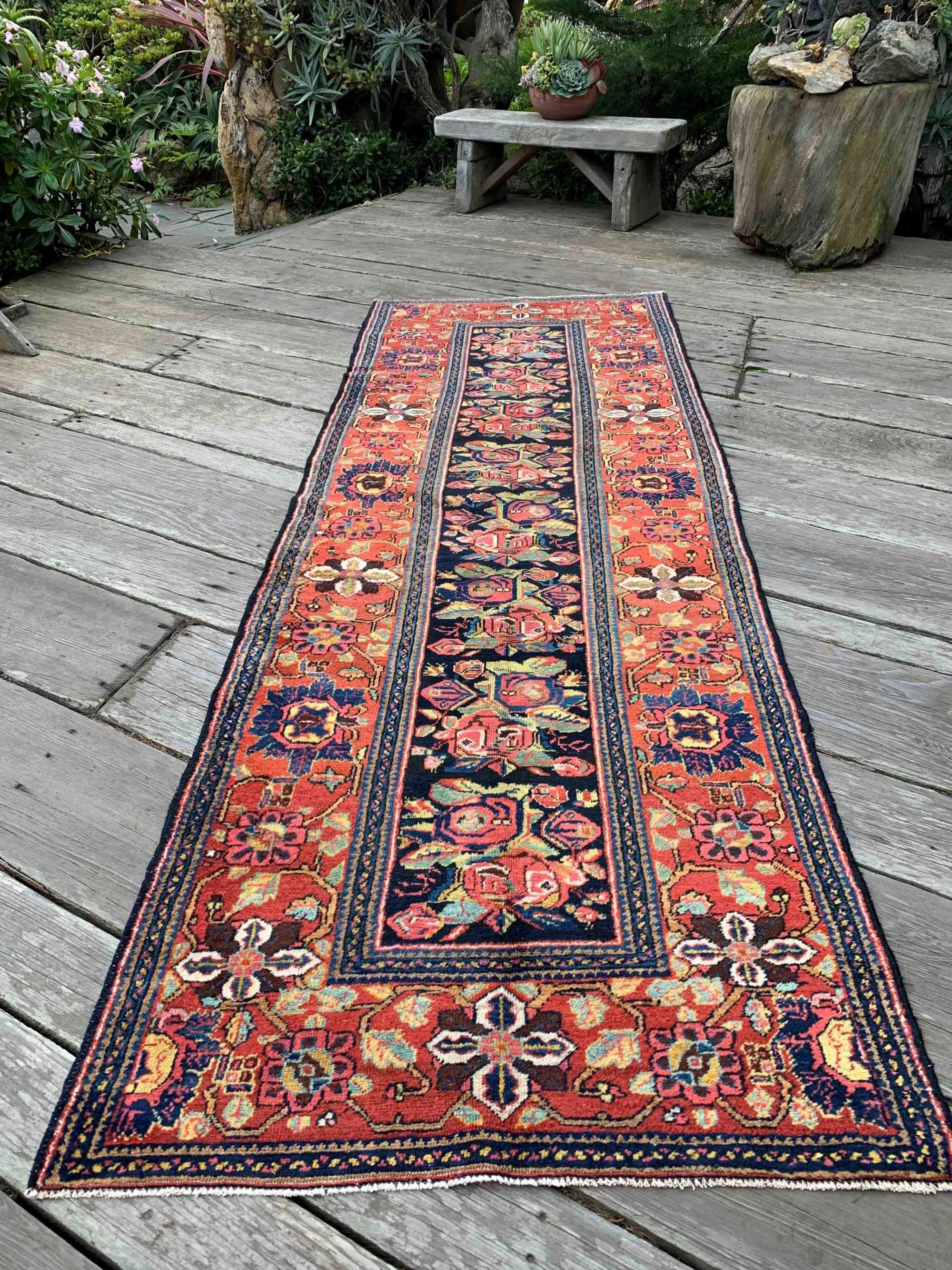 Vintage Persian Kurdish Runner Rug 3’4”x9’9” Navy Blue Coral Pistachio Green