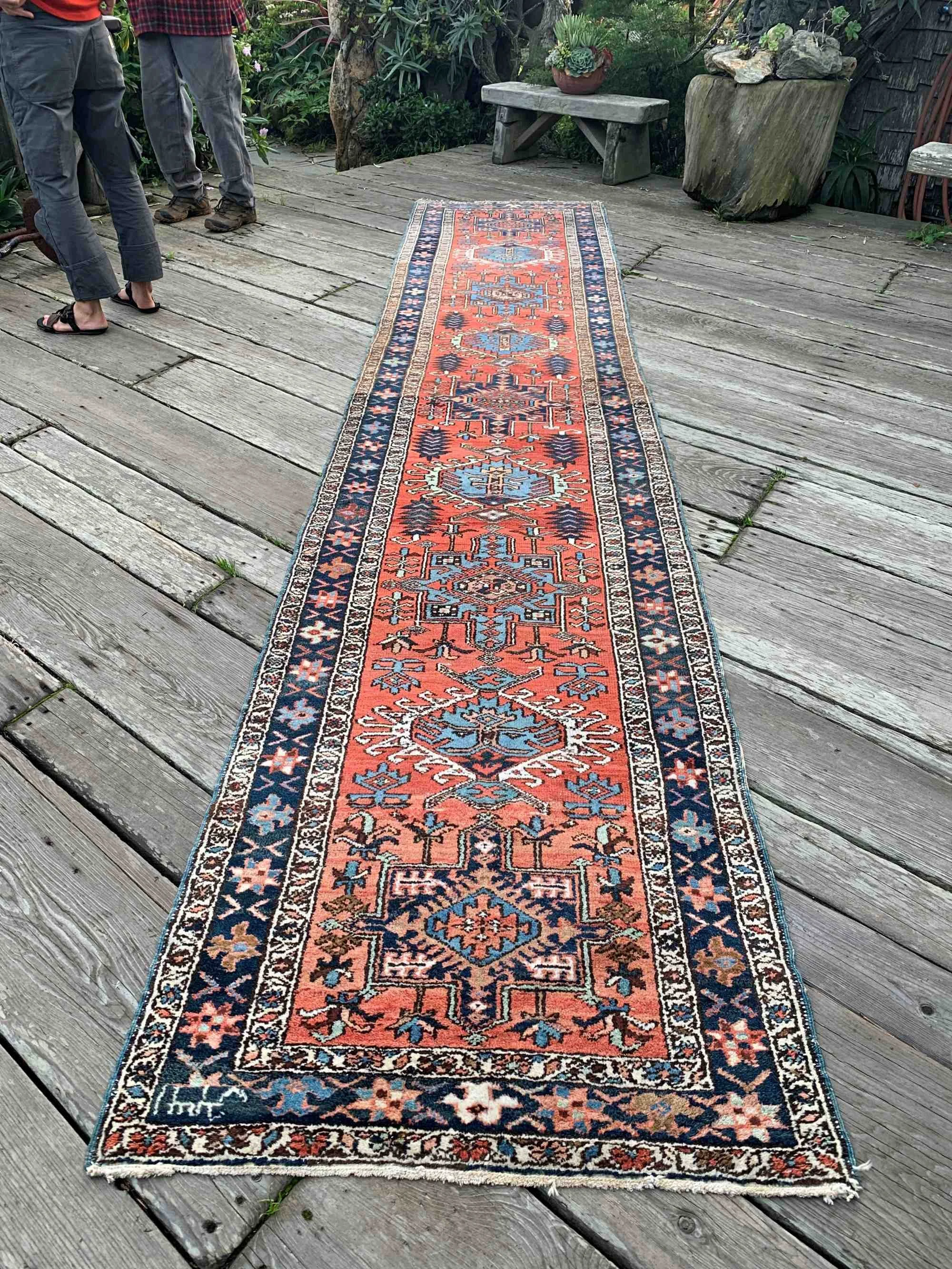 Antique Persian Karadja Runner Rug 3’0”x15’2” Coral Navy Blue Cornflower