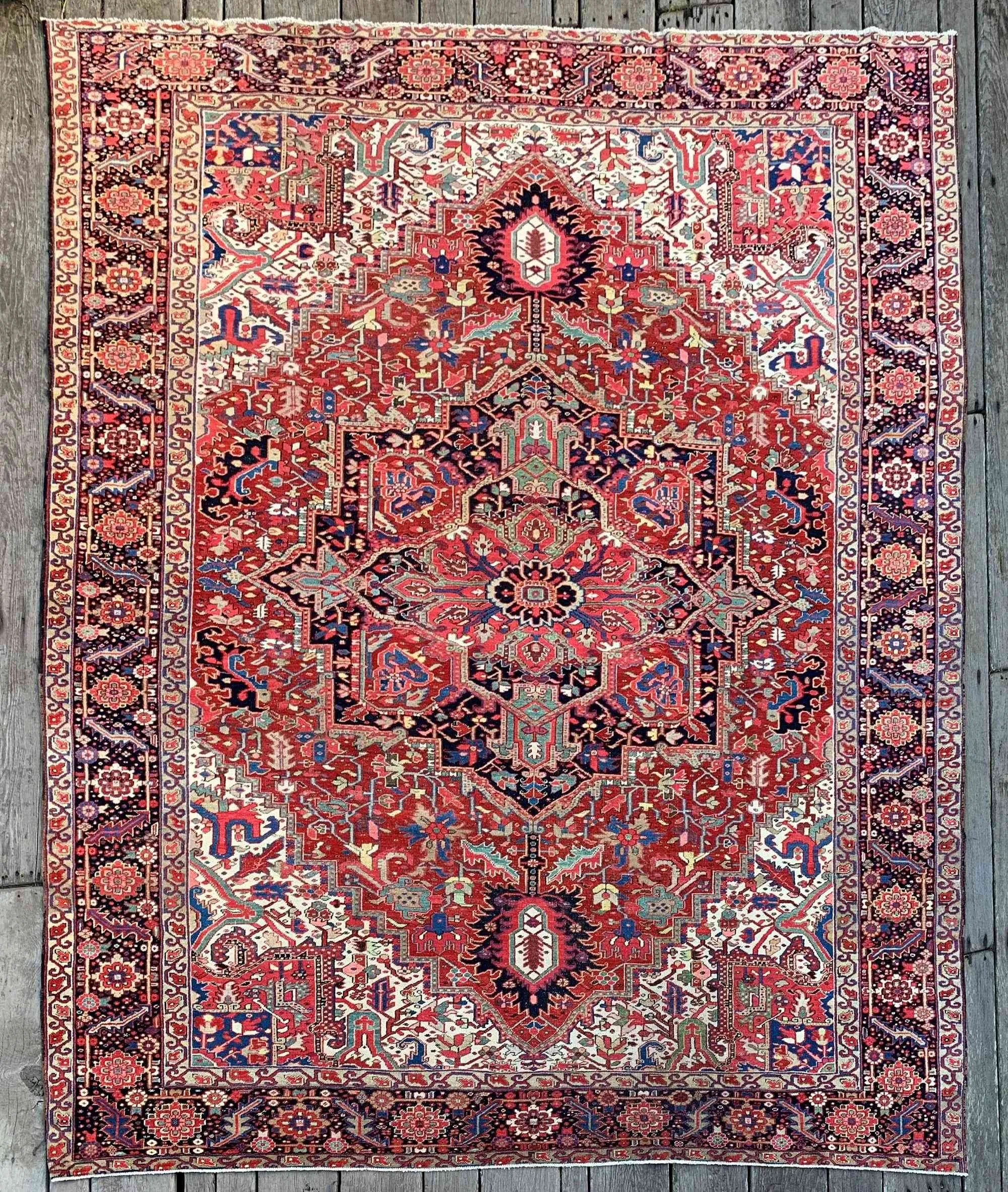 Antique Heriz Rug 11'4"x13'10" (11x14) Rust Red Turquoise Coral Navy