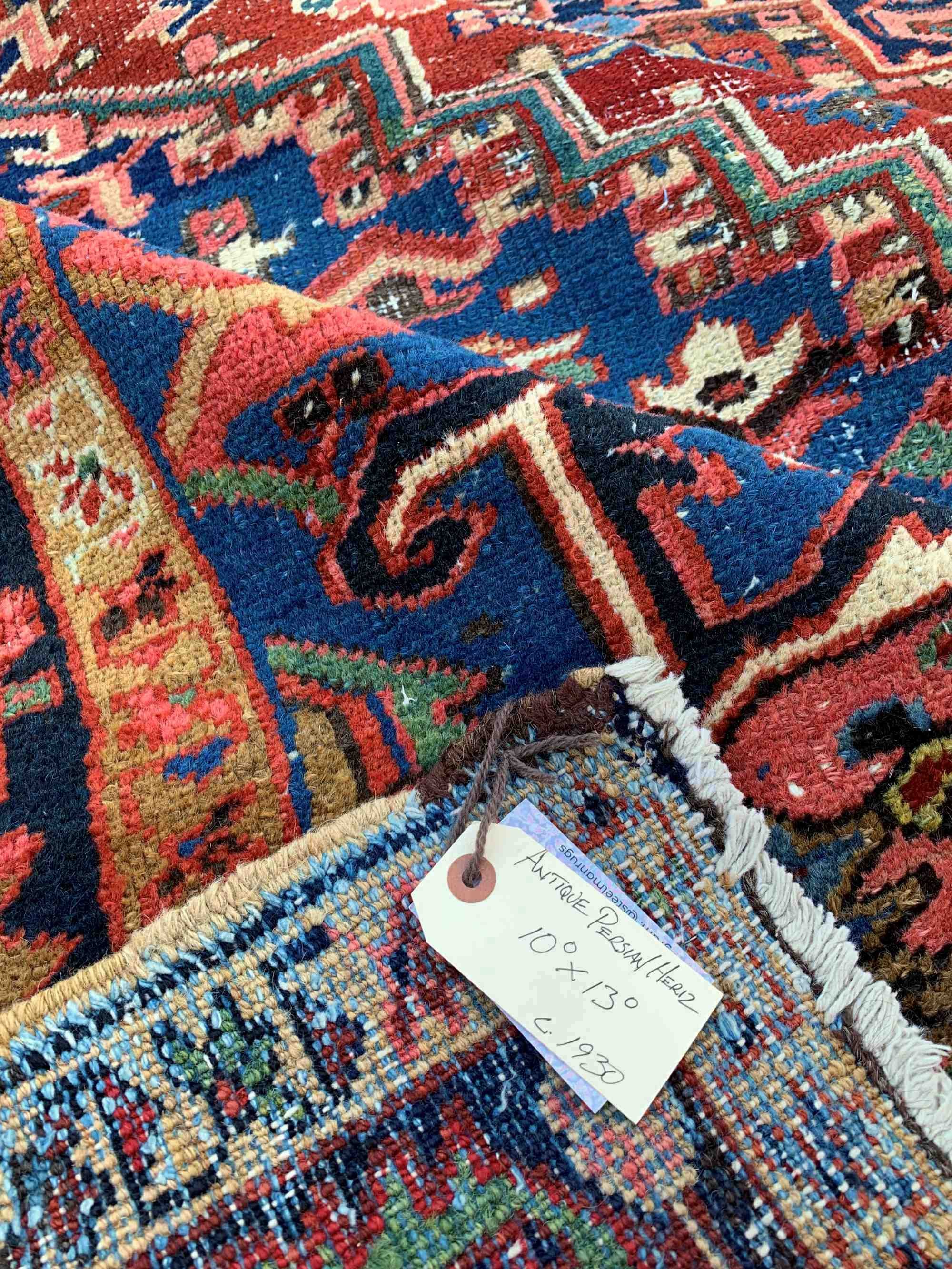 Steelman Rugs — Antique Heriz Rug 10'x13' Brick Red Cerulean Blue Navy ...